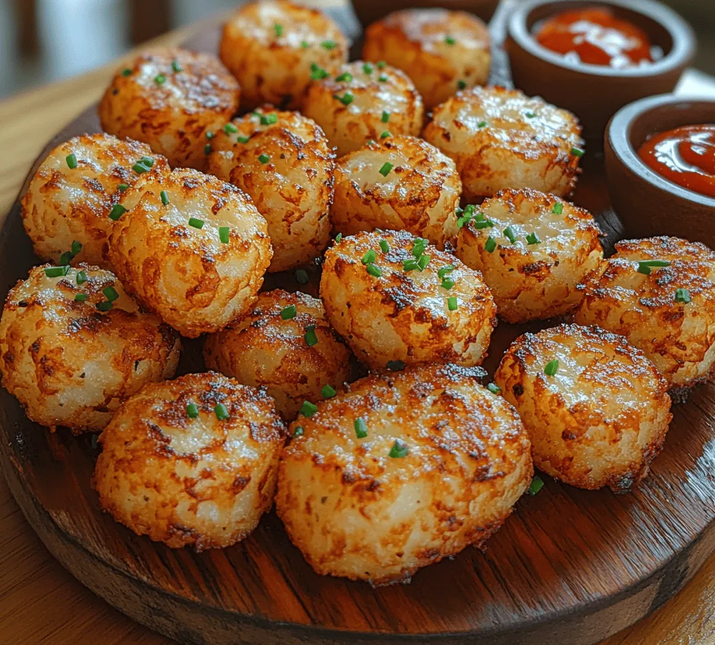 Tater tots, those delightful bite-sized potato morsels, hold a special place in the hearts of many as a quintessential comfort food. Their crispy exterior gives way to a soft, fluffy interior, making them an irresistible snack or side dish. Whether served alongside a juicy burger, enjoyed dipped in ketchup, or as a creative ingredient in casseroles, tater tots are universally loved across all age groups. However, while store-bought tater tots can be convenient, nothing quite compares to the taste and satisfaction of homemade versions. That’s where our recipe for <strong>Crispy Golden Tater Tots Delight</strong> comes into play, offering a simple yet delicious way to create this beloved dish from the comfort of your own kitchen.” /></p>
</p>
<h3>Shaping the Tots</h3>
</p>
<p>Once your potato mixture is ready, it’s time to shape your tater tots. This process is crucial for achieving that perfect golden crunch on the outside while maintaining a soft, fluffy interior. Begin by taking a small handful of the mixture—about the size of a golf ball—and roll it between your palms to form a small log or oval shape. Aim for a uniform size, as this will ensure even cooking.</p>
</p>
<h4>Tips for Preventing Sticking While Shaping</h4>
</p>
<p>To prevent the potato mixture from sticking to your hands, lightly grease your palms with a bit of olive oil or cooking spray. Alternatively, you can dampen your hands with water. This not only helps in shaping but also makes the entire process more manageable. If the mixture still clings stubbornly, consider chilling it for a short period, which can firm up the potatoes and make shaping easier.</p>
</p>
<h4>Creative Shapes and Sizes for Personalized Tater Tots</h4>
</p>
<p>While traditional tater tots are small cylinders, you can have fun with their shapes. Use cookie cutters to create fun shapes like stars or hearts for a special occasion. Alternatively, try making larger versions for a hearty, shareable appetizer or smaller ones for bite-sized snacks. The key is to keep the thickness even, around 1-inch, to ensure consistent cooking.</p>
</p>
<h3>Chilling Process</h3>
</p>
<p>After shaping your tater tots, it’s essential to chill them before cooking. Placing them in the refrigerator for at least 30 minutes helps firm them up and prevents them from falling apart during the cooking process. This step enhances the texture and ensures that each tot retains its shape when exposed to heat.</p>
</p>
<h4>Explanation of Why Chilling is Crucial for Maintaining Shape During Cooking</h4>
</p>
<p>Chilling helps the starches in the potatoes to bind together, creating a more cohesive mixture. When heated, the chilled tater tots will hold their shape better, resulting in a crispy exterior and a tender interior. Skipping this step can lead to tater tots that break apart in the oil or fryer, resulting in a messy situation and disappointment.</p>
</p>
<h3>Cooking Methods</h3>
</p>
<p>Now that your tater tots are shaped and chilled, it’s time to cook them. There are two primary methods for cooking tater tots: frying or air frying. Each method has its unique benefits, and both can yield delicious results.</p>
</p>
<h4>Detailed Instructions for Frying</h4>
</p>
<p>If you choose the traditional frying method, start by heating oil in a deep pot or a deep fryer to 350°F (175°C). Use a thermometer to maintain the correct temperature, as too low will result in greasy tots, while too high can burn them.</p>
</p>
<p>Carefully drop a few tater tots into the hot oil, ensuring not to overcrowd the pot, which can lower the oil temperature. Fry for about 4-5 minutes or until they are golden brown and crispy. Use a slotted spoon to remove them from the oil and place them on a plate lined with paper towels to absorb excess oil. Season immediately with salt for added flavor.</p>
</p>
<h4>Air Frying Method Outlined with Emphasis on Health Benefits and Ease</h4>
</p>
<p>For a healthier option, consider using an air fryer. Preheat your air fryer to 400°F (200°C). Lightly spray the basket with cooking spray or oil to prevent sticking. Place the tater tots in a single layer; you may need to cook them in batches depending on your air fryer’s capacity. Cook for about 15-20 minutes, shaking the basket halfway through to ensure even cooking. The result will be crispy, golden tater tots with significantly less oil, making them a healthier alternative.</p>
</p>
<h3>Serving Suggestions</h3>
</p>
<p>Tater tots are incredibly versatile and can be served in various ways. Their crispy texture and comforting flavor pair beautifully with an array of dipping sauces. Here are some ideas:</p>
</p>
<p>– <strong>Dipping Sauces</strong>: Serve your tater tots with a variety of dips such as ketchup, ranch dressing, cheese sauce, or spicy aioli. For a gourmet twist, try a homemade garlic herb dip or a tangy buffalo sauce.</p>
<p>– <strong>Side Dishes and Main Courses</strong>: Tater tots can complement many dishes. Serve them alongside a juicy burger, grilled chicken, or a crisp salad for a satisfying meal. They also make a great addition to a breakfast platter with eggs and bacon.</p>
</p>
<h3>Nutritional Information</h3>
</p>
<p>When it comes to nutrition, homemade tater tots provide benefits that store-bought versions often lack. Here’s a brief analysis of their nutritional content:</p>
</p>
<p>– <strong>Calories</strong>: Homemade tater tots generally contain fewer calories since you can control the amount of oil used in cooking.</p>
<p>– <strong>Fat</strong>: Using healthier oils and air frying can significantly reduce fat content compared to deep-fried store-bought options.</p>
<p>– <strong>Sodium</strong>: By seasoning your tots at home, you can manage sodium levels, making them a healthier choice for those watching their salt intake.</p>
</p>
<h4>Comparison of Homemade Versus Store-Bought Tater Tots in Terms of Health Benefits</h4>
</p>
<p>Store-bought tater tots often contain preservatives and additives for shelf stability, whereas homemade tater tots consist of fresh ingredients. Additionally, homemade options allow you to customize ingredients, whether you decide to use organic potatoes or experiment with gluten-free recipes. Ultimately, making tater tots from scratch not only enhances flavor but also ensures a healthier snack.</p>
</p>
<h3>Creative Variations and Flavor Enhancements</h3>
</p>
<p>While the classic tater tot is delicious on its own, you can elevate this dish by incorporating various flavors and ingredients:</p>
</p>
<p>– <strong>Spices and Seasonings</strong>: Experiment with different spices such as garlic powder, onion powder, paprika, or even chili powder for a kick. Mixing in fresh herbs like chives or parsley can add a fresh element to your tater tots.</p>
<p>– <strong>Cheese and Vegetables</strong>: Consider adding shredded cheese, such as cheddar or mozzarella, to the mixture before shaping. You can also fold in finely chopped vegetables like spinach, bell peppers, or jalapeños for added nutrition and flavor.</p>
<p>– <strong>Unique Serving Ideas</strong>: For an indulgent twist, try loaded tater tots! Top them with melted cheese, crispy bacon, sour cream, and green onions for a delightful appetizer or snack. Another idea is to create a tater tot casserole by layering them with meat sauce and cheese, then baking until golden and bubbly.</p>
</p>
<h3>Conclusion</h3>
</p>
<p>In summary, making Crispy Golden Tater Tots Delight is a rewarding culinary adventure that results in a beloved snack perfect for any occasion. The process—from selecting the right potatoes to shaping and cooking—ensures that you create a delicious treat that can compete with any restaurant version. Not only is it satisfying to make this classic snack from scratch, but you also have the freedom to customize it to your taste.</p>
</p>
<p>So gather your ingredients, experiment with flavors, and enjoy the crispy, golden goodness of homemade tater tots. Whether you are serving them as a side dish, a fun appetizer, or a late-night snack, these delightful bites are sure to please. Don’t hesitate to make this recipe your own—after all, the best part of cooking is the creativity it inspires.</p>
</div>