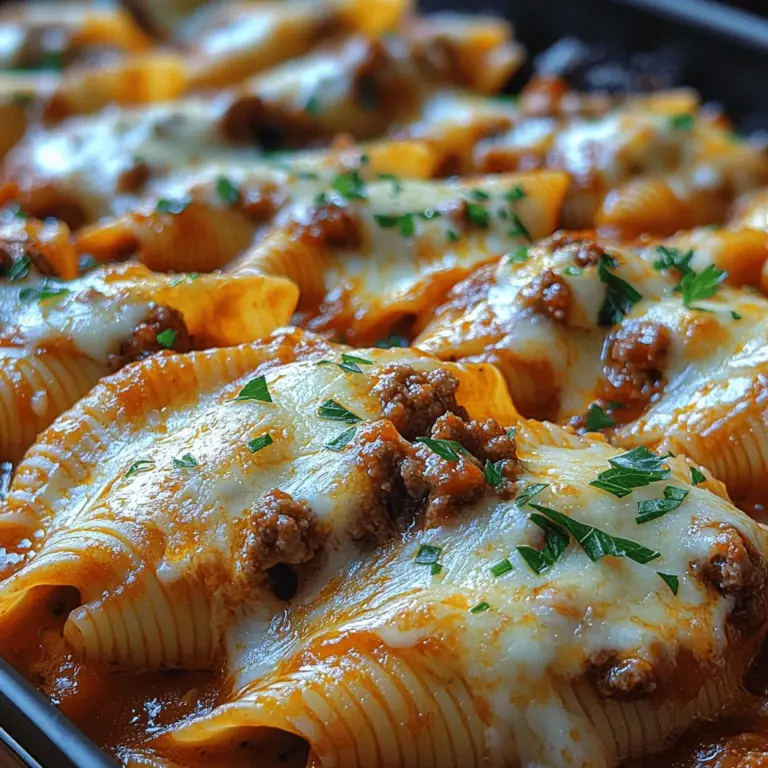 Cheesy Beefy Delight Stuffed Shells are the epitome of comfort food, combining hearty flavors and satisfying textures that make this dish a family favorite. Imagine a plate filled with large pasta shells cradling a rich, savory filling of seasoned ground beef, creamy ricotta, and gooey melted cheese, all enveloped in a luscious marinara sauce. This dish not only warms the heart but also brings people together around the dinner table, making it perfect for family gatherings, weeknight dinners, or even a cozy date night at home.