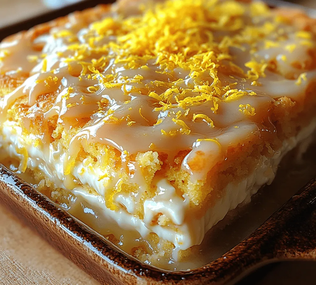 Baking is one of life’s simple pleasures, a cherished activity that fills our homes with delightful aromas while offering a warm embrace of comfort through delicious desserts. Among the many sweet treats one can whip up, the <strong>Tangy Lemon Cream Cheese Dump Cake</strong> stands out as a refreshing and easy-to-make option. This dessert not only showcases the bright, zesty flavor of lemons but also combines it with a luscious cream cheese component that creates a delightful balance of tastes and textures.” /></p>
</p>
<h2>Preheating the Oven</h2>
</p>
<p>Preheating your oven is a crucial step when baking a cake, as it ensures that the temperature is consistent throughout the baking process. For the Tangy Lemon Cream Cheese Dump Cake, setting your oven to 350°F (175°C) allows for even baking, which prevents the outer edges from cooking too quickly while the center remains undercooked. This temperature is ideal for achieving that perfect golden-brown top and tender crumb. Make sure to give your oven at least 10-15 minutes to reach this temperature before placing your cake inside.</p>
</p>
<h2>Preparing the Cream Cheese Mixture</h2>
</p>
<p>A smooth cream cheese mixture is key to achieving the rich, creamy texture that complements the zesty lemon flavor in this dump cake. Start with room temperature cream cheese, as it blends far more easily than cold cream cheese. Use an electric mixer on medium speed, and mix until it is completely smooth and free of lumps. If you prefer a lighter texture, consider adding a tablespoon of milk or cream to the mixture, which can help achieve a fluffier consistency. Once your cream cheese is smooth, gently fold in the sugar and lemon zest until fully incorporated. This simple technique will enhance the overall flavor profile of your cake.</p>
</p>
<h2>Layering the Ingredients</h2>
</p>
<p>Layering is an integral part of the dump cake process, and it greatly affects the final texture and flavor. Start with a layer of the cream cheese mixture at the bottom of your baking dish. This will create a rich, creamy base. Next, spread the lemon pie filling evenly over the cream cheese layer, ensuring that it covers the entire surface. Finally, sprinkle the dry cake mix over the top, allowing it to fall in an even layer. Avoid mixing the layers; the magic of a dump cake lies in the distinct layers that meld during baking. The goal is to create a visual guide of creamy, tangy, and cake-like textures that will delight your palate.</p>
</p>
<h2>Creating the Buttery Crust</h2>
</p>
<p>The key to a delicious buttery crust is ensuring that the dry cake mix is evenly moistened during baking. To achieve this, melt a stick of butter and drizzle it over the dry cake mix layer. Using a spatula, gently spread the butter to encourage even coverage, as this will help the cake mix rise and create that signature crumbly topping. Do not skimp on the butter; it is the secret ingredient that transforms the cake mix into a rich, buttery crust that balances the creaminess of the filling. Ensure every dry spot is covered, as this is essential for optimal texture.</p>
</p>
<h2>Preparing the Lemon Glaze</h2>
</p>
<p>A lemon glaze can elevate your Tangy Lemon Cream Cheese Dump Cake, adding an extra layer of flavor. To prepare the glaze, combine powdered sugar with fresh lemon juice until you reach a smooth, pourable consistency. It should be thick enough to hold its shape but thin enough to drizzle over the cake. If your glaze is too thick, add a few drops of lemon juice or water; if it’s too thin, add more powdered sugar. This balance creates a delightful contrast between sweetness and tartness, enhancing the overall lemon flavor in your dessert.</p>
</p>
<h2>Baking the Cake</h2>
</p>
<p>Once your cake is assembled, it’s time for baking. Place the dish in the preheated oven and bake for 35-45 minutes, or until the top is golden brown and a toothpick inserted in the center comes out clean. To check for doneness, gently shake the pan; if the center jiggles slightly, it may need a few more minutes. Keep an eye on the cake towards the end of the baking time to ensure that it does not overbake, which can result in a dry texture. Once baked to perfection, remove the cake from the oven and allow it to cool slightly before adding the lemon glaze.</p>
</p>
<h2>Cooling and Serving</h2>
</p>
<p>Cooling your cake is an essential step that allows the flavors to meld and enhances the texture. Allow the Tangy Lemon Cream Cheese Dump Cake to cool in the pan for about 15-20 minutes before serving. This will help set the layers and make it easier to cut into squares. For serving, consider presenting it warm or at room temperature, as both options highlight the creamy filling beautifully. A light dusting of powdered sugar adds a touch of elegance, while a dollop of the lemon glaze can enhance its presentation. If you’re hosting a gathering, consider serving the cake on a beautiful platter for an inviting display.</p>
</p>
<h2>Flavor Pairing Suggestions</h2>
</p>
<p>To complement the tangy flavors of your Tangy Lemon Cream Cheese Dump Cake, consider the following pairing options:</p>
</p>
<h3>Whipped Cream</h3>
</p>
<p>A generous dollop of freshly whipped cream is a classic accompaniment. Not only does it enhance the flavor, but it also adds a light, airy texture that balances the richness of the cream cheese and buttery crust. The sweetness of the whipped cream can help mellow the tartness of the lemon, creating a harmonious dessert experience.</p>
</p>
<h3>Fresh Berries</h3>
</p>
<p>Adding fresh berries, such as raspberries or blueberries, not only brings vibrant color to your dessert but also introduces a delightful tartness that pairs perfectly with lemon. The juicy burst of berries complements the creamy texture of the cake while providing a refreshing contrast.</p>
</p>
<h3>Mint Leaves</h3>
</p>
<p>For a refreshing garnish, consider adding a few fresh mint leaves. The bright, aromatic notes of mint elevate the presentation and provide a subtle flavor that enhances the overall lemon experience.</p>
</p>
<h3>Drink Pairings</h3>
</p>
<p>When it comes to drink pairings, a glass of iced tea or lemonade can be a perfect match. The refreshing citrus notes in lemonade complement the cake, while iced tea provides a soothing balance. For a more sophisticated option, consider pairing it with a light white wine or a sparkling wine, both of which can enhance the cake’s flavors and offer a delightful contrast.</p>
</p>
<h2>Nutritional Information</h2>
</p>
<p>Understanding the nutritional content of your dessert can help you enjoy it mindfully. This Tangy Lemon Cream Cheese Dump Cake serves approximately 12 people, with each serving containing around 350-400 calories. While this dessert leans toward indulgence, it is essential to view it as a delightful treat rather than a staple. The cream cheese provides some protein and fat, while the lemon offers a dose of vitamin C. As with any indulgence, moderation is key, allowing you to enjoy the balance of richness and tartness without overindulging.</p>
</p>
<h2>Conclusion</h2>
</p>
<p>The Tangy Lemon Cream Cheese Dump Cake is a delightful and simple dessert that captures the essence of sunny days and joyful gatherings. Its combination of creamy, tangy flavors and buttery crust makes it a versatile treat suitable for various occasions, from casual family dinners to festive celebrations. Embrace the joy of baking and share this refreshing dessert with your loved ones to create lasting memories. Whether enjoyed on its own or dressed up with whipped cream and fresh berries, this cake is sure to be a hit, inviting everyone to savor each bite of its delicious simplicity. So, roll up your sleeves and give this delightful recipe a try; you won’t be disappointed!</p>
</div>