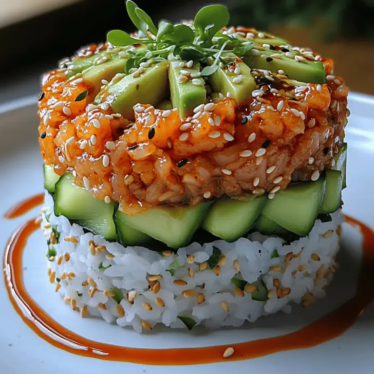At the heart of any sushi dish lies the sushi rice, which serves as the essential foundation for the entire creation. The importance of sushi rice cannot be overstated; it is the glue that holds the dish together, both literally and figuratively. Sushi rice is characterized by its sticky texture and slightly sweet flavor, making it ideal for molding and stacking. The starch content in sushi rice allows it to hold its shape well, which is crucial for constructing beautiful layers in dishes like our Spicy Tuna Sushi Stacks.