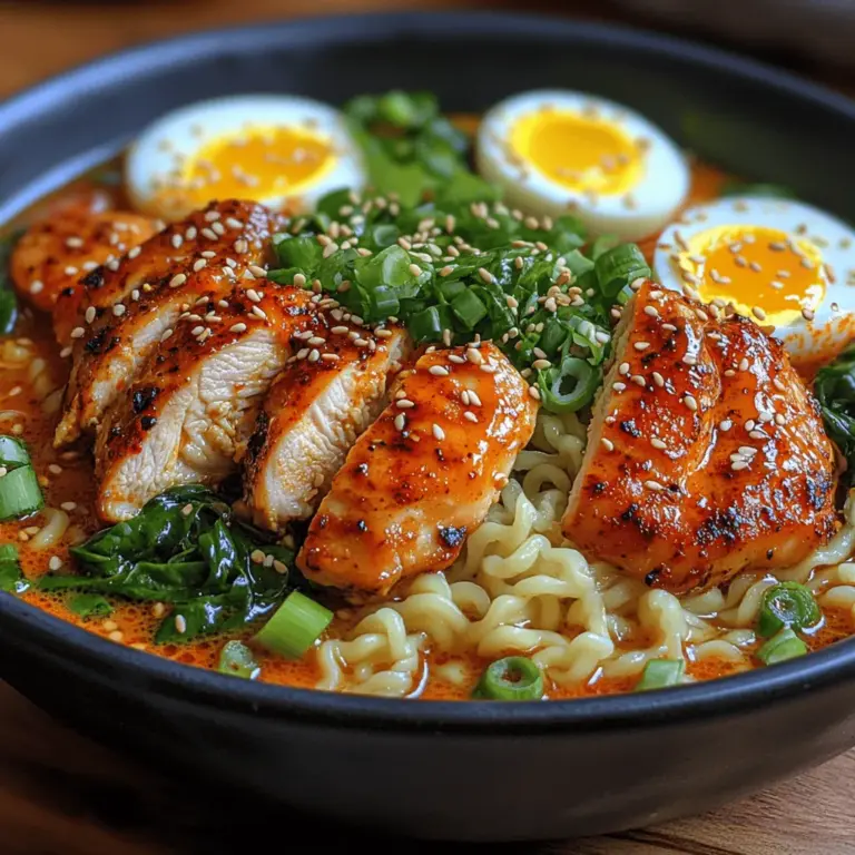 Spicy Chicken Ramen Delight is more than just a meal; it’s a celebration of flavor that evokes warmth, comfort, and satisfaction. This dish combines the rich, savory elements of traditional ramen with a vibrant spicy kick that tantalizes the taste buds. Perfect for a cozy night in or an impressive dinner party, this ramen bowl showcases the artistry of combining textures and flavors. The unique inclusion of gochujang—a Korean chili paste—and a creamy garlic sauce elevates this dish to new heights.