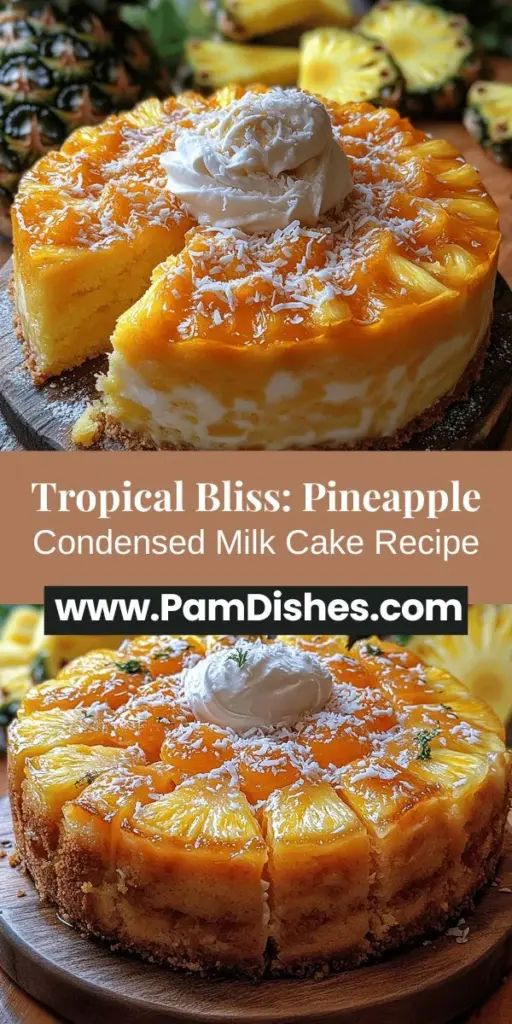 Transport yourself to a tropical paradise with the Tropical Bliss Pineapple Condensed Milk Cake. This delightful dessert combines the vibrant flavors of pineapple and coconut with a moist, tender cake that's perfect for any occasion. Featuring sweetened condensed milk for an extra touch of sweetness, every slice is a burst of summer flavor. Ideal for gatherings or a sweet treat anytime, this cake is not just a dessert; it’s a taste of sunshine and joy.