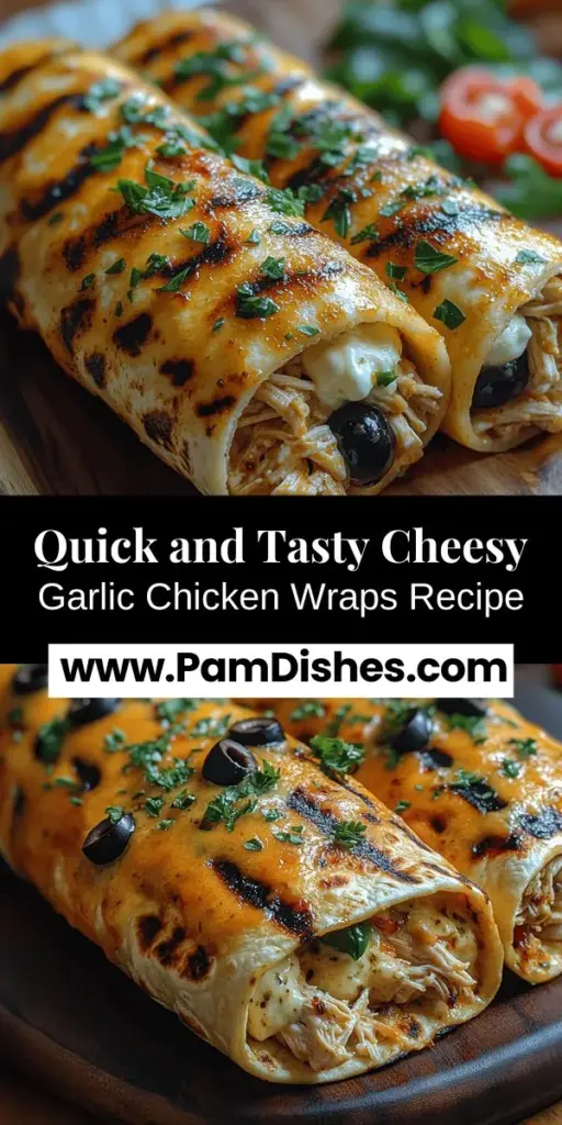 Dive into the delicious world of Cheesy Garlic Chicken Wraps! This easy recipe combines juicy chicken, creamy cheese, and aromatic garlic, all wrapped in a warm tortilla. Perfect for quick lunches, family dinners, or snacks, these versatile wraps are sure to become a favorite. With the option to customize ingredients to suit dietary needs, you can enjoy a nutritious and flavorful meal that’s as satisfying as it is convenient. Try making these savory wraps and delight your taste buds!