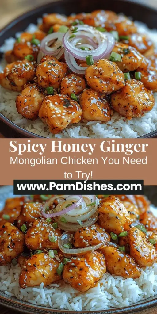 Discover a culinary adventure with this Spicy Honey Ginger Mongolian Chicken recipe! This American-Chinese favorite combines juicy chicken thighs, a crispy coating, and a flavorful sauce made from soy sauce, honey, and ginger, bringing a perfect balance of sweetness and spice. It's a wonderful choice for dinner parties or cozy meals. Cooking at home allows you to personalize flavors while enjoying a healthier alternative to takeout. Get ready to impress your guests with this delightful dish!