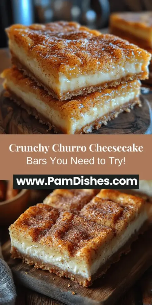 Discover the perfect fusion of flavors with Crunchy Churro Cheesecake Bars! This delightful dessert combines the creamy goodness of cheesecake with a crispy churro base, finished with a sprinkle of cinnamon sugar for that iconic twist. Ideal for gatherings or a sweet indulgence at home, these bars are visually stunning and irresistible to the taste buds. Follow the simple recipe to create this crowd-pleaser that will leave everyone wanting more. Get ready to impress with this unique dessert!