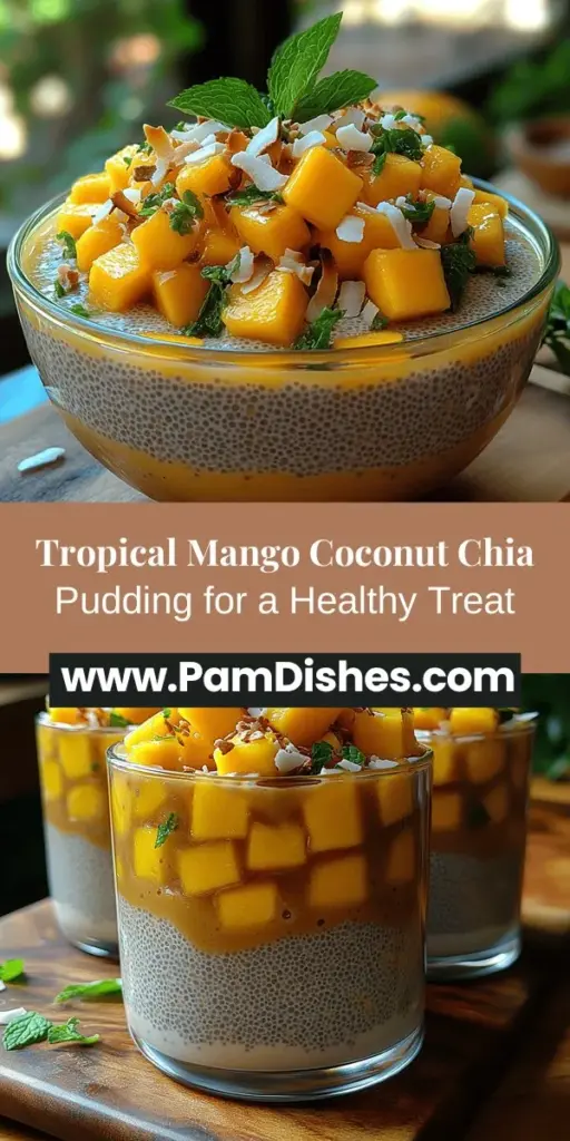 Discover the tropical bliss of Mango Coconut Chia Pudding! This delightful and nutritious dessert combines creamy coconut milk, nutrient-rich chia seeds, and the sweetness of ripe mangoes for a refreshing treat. Perfect for breakfast, snacks, or desserts, it's vegan, gluten-free, and packed with health benefits. Easy to make and customizable with your favorite sweeteners and toppings, this pudding is a must-try for anyone craving a healthy indulgence. Enjoy a burst of tropical flavor in every spoonful!
