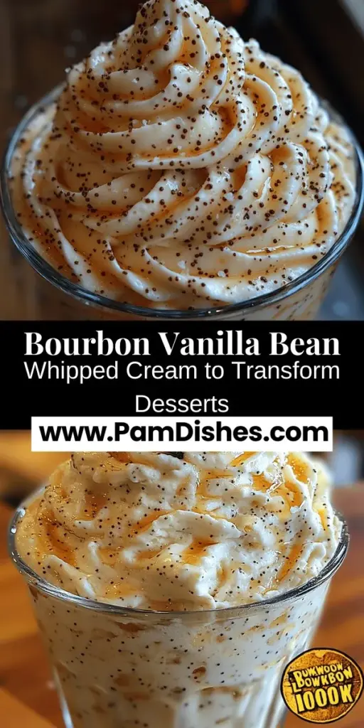 Elevate your desserts with Bourbon Vanilla Bean Whipped Cream! This luxurious whipped cream, infused with rich flavors of bourbon and real vanilla beans, adds a delightful twist to any treat. Perfect for topping pies, berries, or cakes, it transforms simple dishes into gourmet delights. Learn how to make this sophisticated whipped cream and impress your guests with its creamy texture and bold taste. Discover the secrets to perfecting your homemade whipped cream and enjoy a truly indulgent experience in just a few minutes!