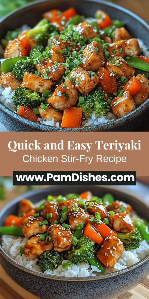 Create a delicious and nutritious Teriyaki Chicken Stir-Fry at home with this easy recipe. Featuring juicy chicken thighs marinated in a flavorful teriyaki sauce, this dish showcases a vibrant selection of fresh vegetables like bell peppers, broccoli, and snap peas. Perfect for busy weeknights, it combines the sweet and savory elements of traditional Asian cuisine, making for a satisfying meal that is packed with protein and essential vitamins. Enjoy a restaurant-quality experience in your own kitchen!