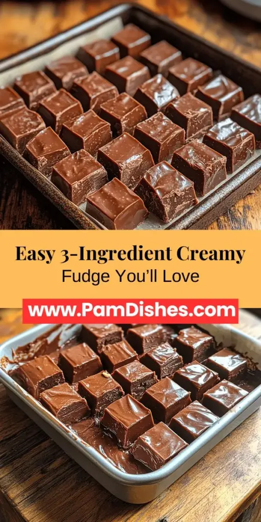 Indulge your sweet tooth with this simple and delicious 3-Ingredient Creamy Fudge recipe! Perfect for bakers of all levels, this treat combines semi-sweet chocolate chips, sweetened condensed milk, and unsalted butter to create a rich and creamy fudge that's ready in no time. Customize it with nuts, dried fruits, or flavor extracts to make it uniquely yours. Whether for a gathering or just a cozy night in, this fudge is sure to impress!