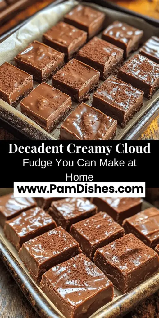 Discover the irresistible allure of Creamy Cloud Fudge, a delectable treat perfect for any occasion. This simple recipe combines semi-sweet chocolate chips, sweetened condensed milk, and unsweetened cocoa powder for a rich, melt-in-your-mouth experience. In less than an hour, you can create this delightful fudge with just a few ingredients. Ideal for sharing or indulging on your own, explore fun variations and dietary substitutions to make this treat your own!