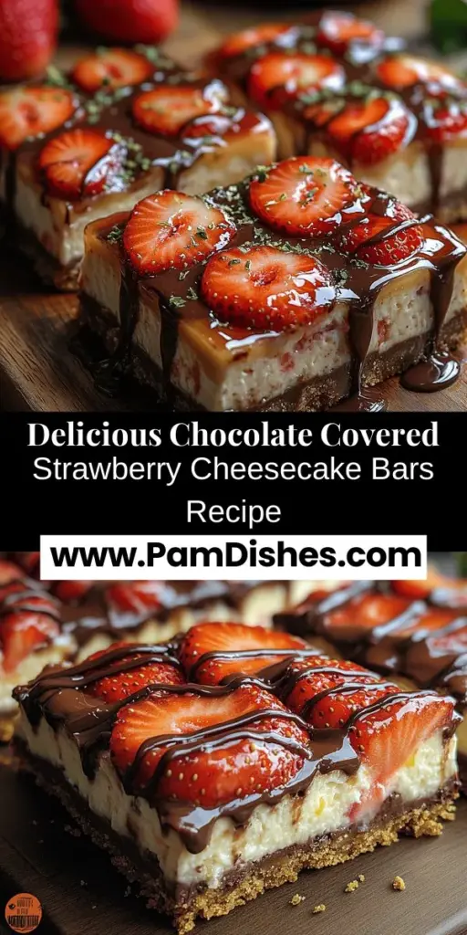 Indulge in the ultimate dessert experience with Chocolate Covered Strawberry Cheesecake Bars. This delightful treat combines a crunchy graham cracker crust, a rich and creamy cheesecake filling, and a fresh strawberry layer, all topped with a glossy chocolate drizzle. Perfect for any occasion, from celebrations to cozy nights in, these bars are sure to impress. Discover the layers of flavor and textures that make this dessert a must-try for sweet tooth enthusiasts!