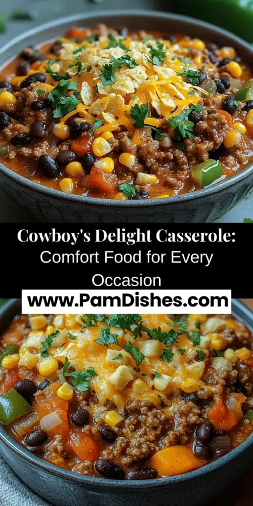 Discover the ultimate comfort food with Cowboy's Delight Casserole! This hearty dish is perfect for cold nights or busy families, combining ground beef, black beans, corn, and melty cheddar cheese for a flavor-packed meal. Its versatility makes it ideal for potlucks, weeknight dinners, or game day feasts. Filled with nutrients and delicious textures, this casserole brings everyone together for a satisfying and memorable dining experience. Try it and enjoy the warmth of home-cooked goodness!