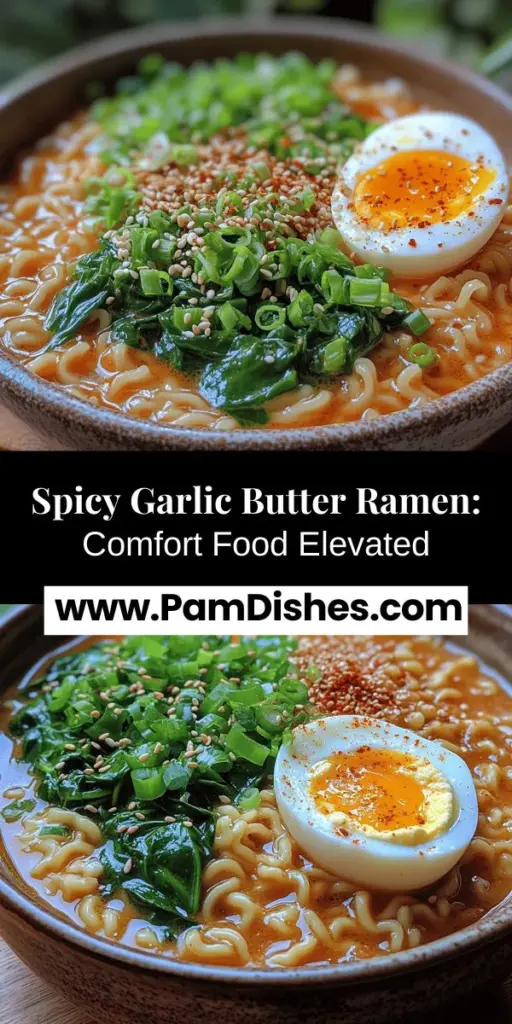Indulge in the mouthwatering delight of Spicy Garlic Butter Ramen, a simple yet gourmet twist on the classic dish. This easy recipe transforms instant ramen into a rich and flavorful meal with minimal effort. Featuring key ingredients like garlic butter, soy sauce, and chili oil, it's fully customizable to suit your spice preferences. Perfect for any time of day, this ramen is not just comforting, but also a delicious way to explore the fusion of flavors and creativity in your kitchen. Treat yourself to this satisfying bowl of warmth today!