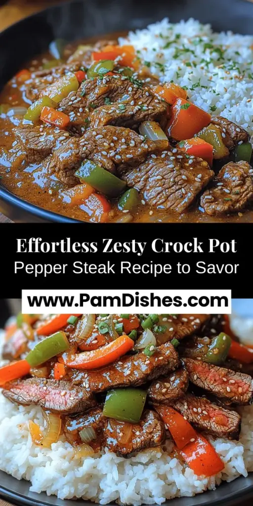 Discover the joy of effortless cooking with the Bold & Zesty Crock Pot Pepper Steak! This flavorful dish combines tender flank steak, vibrant bell peppers, and aromatic garlic and ginger, all simmered to perfection in a savory sauce. Perfect for busy evenings, this one-pot wonder allows you to simply set it and forget it while you enjoy the delicious aroma filling your home. Ideal for family dinners, it's a recipe that you'll want to share and savor time and again.