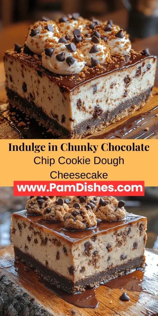 Indulge in the ultimate dessert fusion with this Chunky Chocolate Chip Cookie Dough Cheesecake recipe! This show-stopping treat features three delicious layers: a buttery graham cracker crust, rich cookie dough, and creamy cheesecake filling. Perfect for celebrations or cozy nights, this cheesecake combines textures and flavors that delight every palate. Whether you're an experienced baker or a beginner, this recipe is sure to impress your family and friends. Give it a try and savor every bite!
