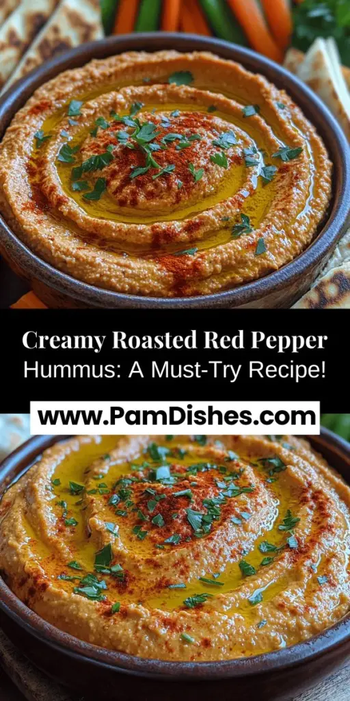 Discover the vibrant flavors of creamy roasted red pepper hummus, a delicious twist on the classic Mediterranean dip. This recipe blends chickpeas, tahini, garlic, and lemon juice with the sweet, smoky essence of roasted red peppers, resulting in a nutritious and versatile snack. Perfect for parties or as a healthy addition to meals, this hummus is rich in protein and flavor. Learn how to make it at home and elevate your entertaining game with this colorful and delectable treat!