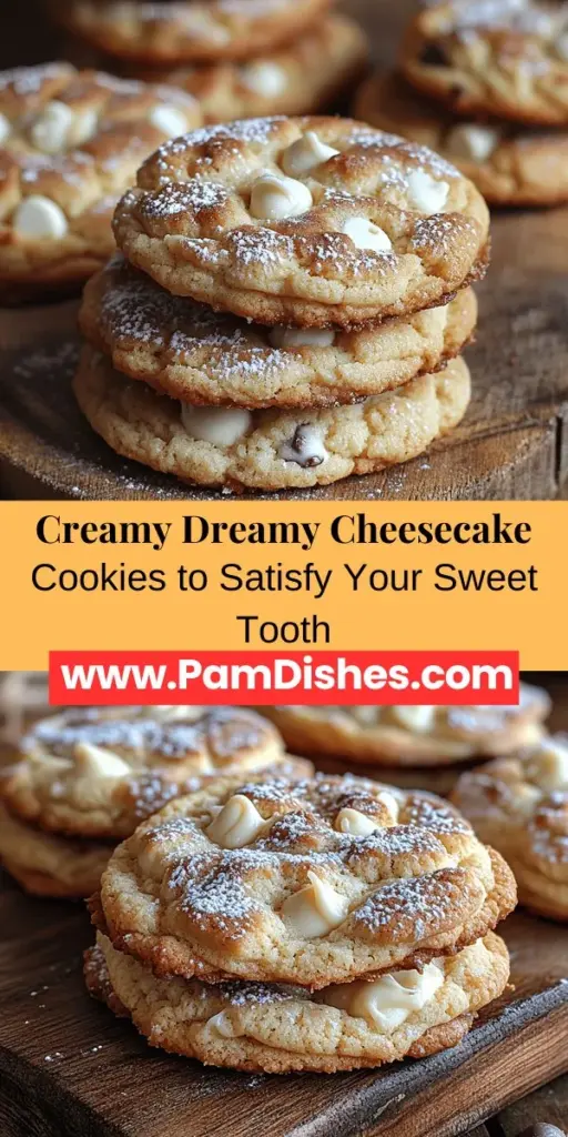 Satisfy your sweet tooth with creamy dreamy cheesecake cookies, an irresistible blend of cheesecake and cookies! These delightful treats feature a soft, chewy texture with a rich, creamy center that melts in your mouth. Perfect for any occasion, they are easy to make and can be enjoyed warm or stored for later. Indulge in the balance of tangy cream cheese and sweet dough, and consider adding white chocolate chips for extra flavor. Experience the joy of baking these delectable cookies that everyone will love!