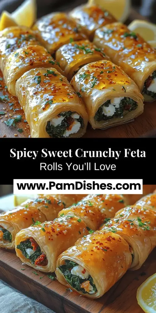 Discover the perfect appetizer for any occasion with these Crunchy Feta Rolls featuring a Spicy Sweet Twist. This delectable recipe blends the savory taste of feta cheese, fresh spinach, and sun-dried tomatoes, all wrapped in crispy phyllo pastry. The unique addition of a honey-chili drizzle adds a delightful kick. Easy to make and sure to impress your guests, these rolls are a must-try for your next gathering or casual snack! Enjoy the flavors and textures that will leave everyone wanting more.