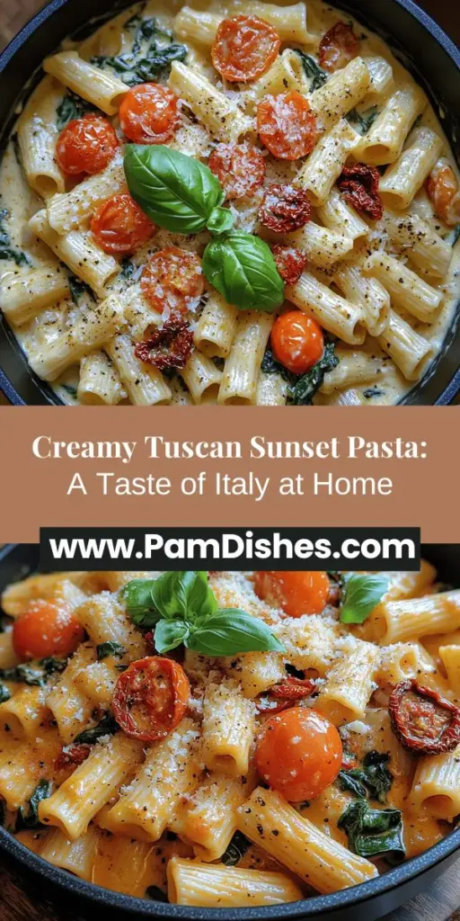 Indulge in the delightful flavors of Italy with Creamy Tuscan Sunset Pasta! This easy one-pot dish features perfectly cooked pasta enveloped in a luscious creamy sauce, complemented by fresh spinach, sun-dried tomatoes, and aromatic garlic. Ideal for family dinners or cozy nights in, this recipe is both comforting and versatile, allowing for vegan and gluten-free adjustments. Discover how to create this Italian masterpiece and bring a taste of Tuscany to your table with vibrant colors and rich flavors.