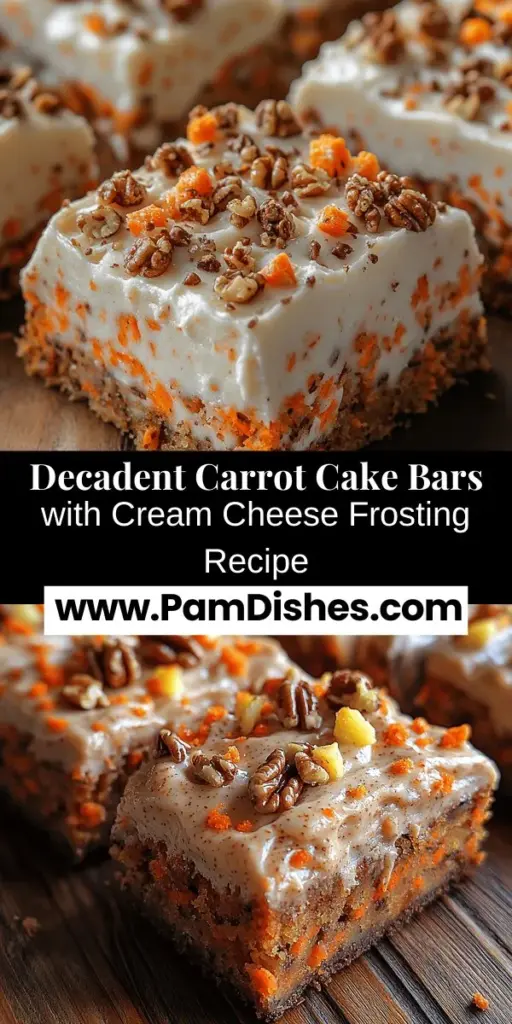 Discover the joy of baking with these decadent carrot cake bars topped with creamy cream cheese frosting. This delightful twist on traditional carrot cake combines the natural sweetness of carrots and warm spices in a convenient handheld treat. Perfect for gatherings or an afternoon snack at home, these bars are easy to make and bursting with flavor. Indulge in the moist texture and delicious frosting that will elevate any occasion. Enjoy baking this classic dessert reimagined!