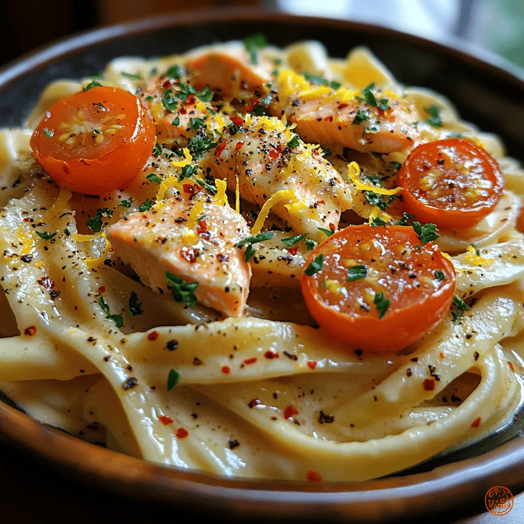 Welcome to the world of culinary delight with our Lemon Zest & Garlic Bliss Salmon Pasta! This dish is not just a meal; it's an experience that brings together the rich essence of salmon, the zesty freshness of lemon, and the aromatic allure of garlic. Imagine a creamy pasta that envelops tender pieces of salmon, where every bite transports you to a gourmet dining setting right in your own kitchen.