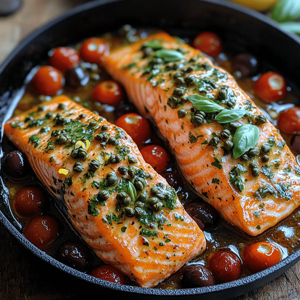 Marry Me Salmon is a delightful blend of savory, aromatic, and slightly tangy elements that come together to create a harmonious dish. At the heart of this recipe is fresh salmon fillets, known for their rich flavor and buttery texture. The addition of high-quality olive oil, aromatic garlic, a kick of red pepper flakes, and the briny notes of Kalamata olives and capers elevate this dish to new heights. The cherry tomatoes add a burst of sweetness, while the fresh herbs bring a touch of brightness that rounds out the flavors beautifully. Each bite is a dance of textures and flavors, making it a dish worthy of any romantic evening.