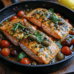 Marry Me Salmon is a delightful blend of savory, aromatic, and slightly tangy elements that come together to create a harmonious dish. At the heart of this recipe is fresh salmon fillets, known for their rich flavor and buttery texture. The addition of high-quality olive oil, aromatic garlic, a kick of red pepper flakes, and the briny notes of Kalamata olives and capers elevate this dish to new heights. The cherry tomatoes add a burst of sweetness, while the fresh herbs bring a touch of brightness that rounds out the flavors beautifully. Each bite is a dance of textures and flavors, making it a dish worthy of any romantic evening.