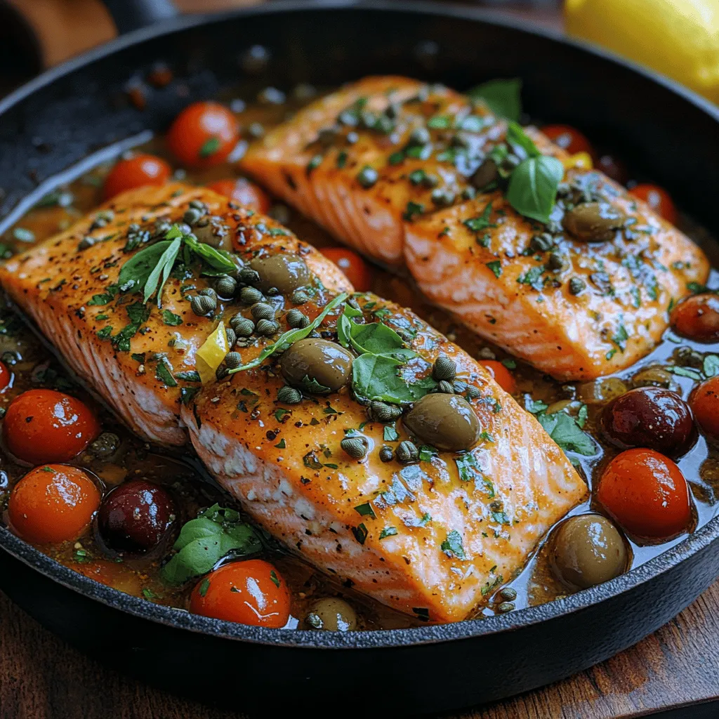 Marry Me Salmon is a delightful blend of savory, aromatic, and slightly tangy elements that come together to create a harmonious dish. At the heart of this recipe is fresh salmon fillets, known for their rich flavor and buttery texture. The addition of high-quality olive oil, aromatic garlic, a kick of red pepper flakes, and the briny notes of Kalamata olives and capers elevate this dish to new heights. The cherry tomatoes add a burst of sweetness, while the fresh herbs bring a touch of brightness that rounds out the flavors beautifully. Each bite is a dance of textures and flavors, making it a dish worthy of any romantic evening.