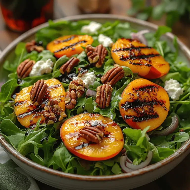 As the summer sun shines and fresh produce floods local markets, there's no better time to indulge in a vibrant and refreshing salad that celebrates the season's finest flavors. The Grilled Peach Delight Salad is an exquisite culinary creation that combines the natural sweetness of ripe peaches with the peppery notes of mixed greens, creamy goat cheese, and crunchy pecans. This salad transforms a simple dish into a gourmet experience, making it a standout option for summer gatherings, picnics, or a light, healthy meal any day of the week.