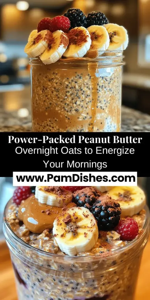 Start your day right with Power-Packed Peanut Butter Overnight Oats! This delicious and nutritious breakfast combines rolled oats, creamy peanut butter, and wholesome ingredients like chia seeds and fresh fruits. It's easy to prepare, saving you time during busy mornings. Rich in protein, fiber, and healthy fats, these overnight oats keep you energized and satisfied. Customize with your favorite toppings and enjoy a breakfast that's both convenient and satisfying!