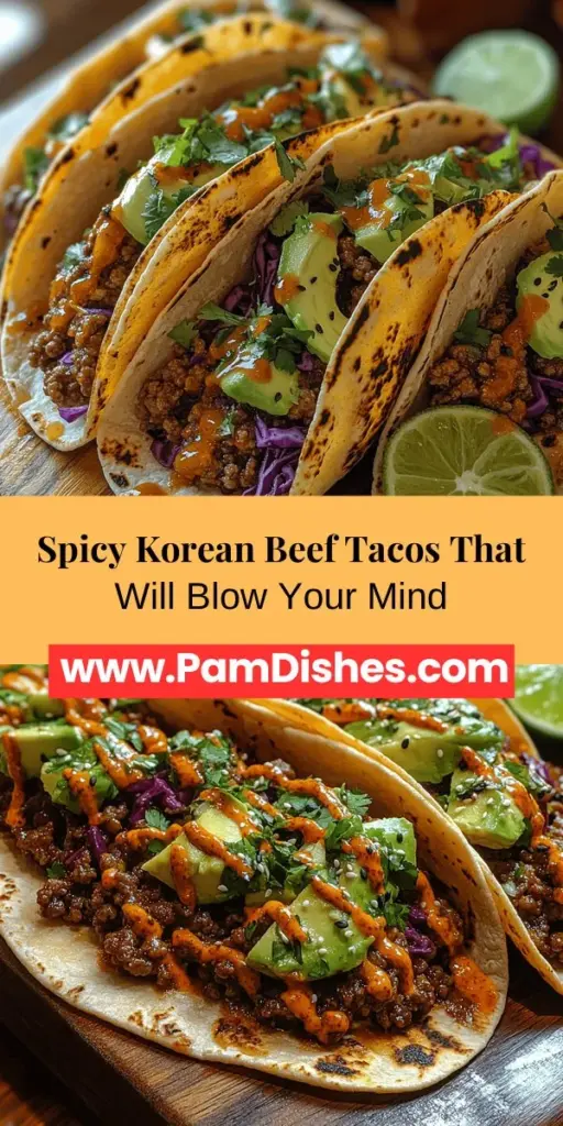 Discover the vibrant flavors of Spicy Korean Beef Tacos, a delicious fusion of Korean cuisine and traditional taco elements. This easy recipe features tender, marinated ground beef infused with Korean spices, wrapped in warm tortillas, and topped with fresh veggies and zesty garnishes. Perfect for weeknight dinners or casual gatherings, these tacos offer a unique culinary experience that delights the senses. Dive into the world of flavors and enjoy a memorable meal with your family and friends!