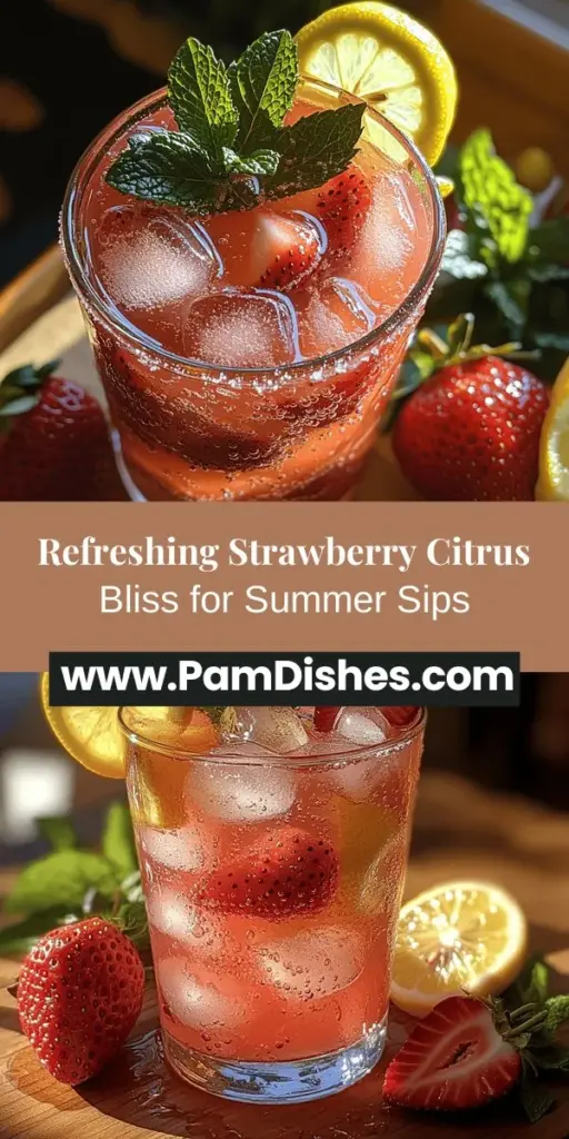 Cool down this summer with the delightfulSunny Strawberry Citrus Bliss! This refreshing beverage combines ripe strawberries and zesty lemon juice for a perfect balance of sweet and tangy flavors. Ideal for picnics or backyard gatherings, this vibrant drink not only looks stunning but also offers numerous health benefits. Easily customizable to suit your taste, it's a fun way to enjoy summer's bounty while creating cherished memories with friends and family. Sip, savor, and enjoy the sunshine!