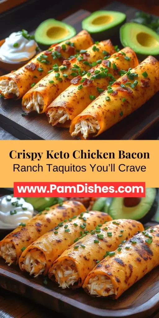 Indulge in the deliciousness of Crispy Keto Chicken Bacon Ranch Taquitos, a perfect low-carb treat for anyone on a ketogenic diet. These easy-to-make taquitos feature a savory filling of shredded chicken, cream cheese, crispy bacon, and ranch seasoning, all wrapped in low-carb tortillas. Ideal for quick weeknight dinners or as party snacks, this recipe promises to satisfy your cravings without compromising your health goals. Dive into flavor without the guilt!