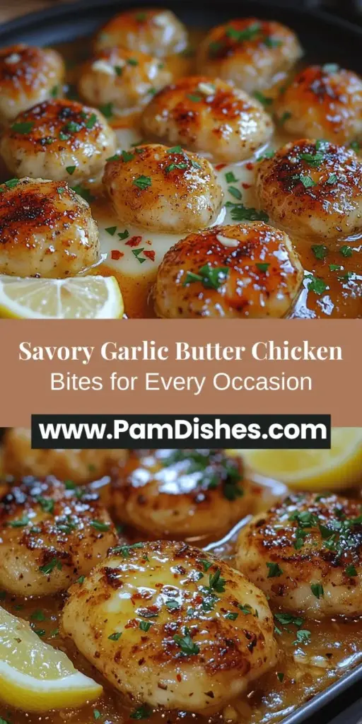 Discover the mouthwatering flavor of Garlic Butter Chicken Bites! This easy-to-make dish features tender chicken coated in a rich garlic butter sauce, making it perfect for any occasion. Serve these bites as an appetizer or alongside your favorite sides for a satisfying meal. With simple ingredients and versatile options, you can customize the spice levels and pairing choices to suit every palate. Elevate your dining experience with this delicious recipe!