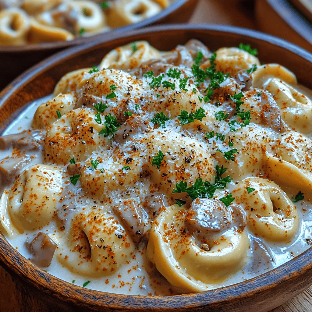 If you’re searching for a delightful, comforting dish that captures the essence of Italian cuisine, look no further than <strong>Tortellini in Champignon Sahne Soße</strong>. This creamy pasta dish, featuring tender tortellini enveloped in a luscious sauce of mushrooms and heavy cream, embodies the warmth and richness that comfort food promises. Originating from the Emilia-Romagna region in Italy, tortellini has become a beloved staple not only in Italian households but also worldwide. This dish combines the heartiness of pasta with the earthy flavors of mushrooms, making it perfect for any occasion—from a cozy family dinner to an impressive dish for entertaining guests.” /></p>
</p>
<h3>Cooking Tortellini: Tips for Achieving the Perfect Texture</h3>
</p>
<p>Cooking tortellini might seem straightforward, but achieving the perfect texture is essential for a delightful dish. Follow these tips to ensure your tortellini is cooked just right:</p>
</p>
<p>1. <strong>Use Plenty of Water</strong>: Start with a large pot of water to allow the tortellini to move freely as they cook. This helps prevent them from sticking together.</p>
</p>
<p>2. <strong>Salt Your Water</strong>: Just like pasta, tortellini should be cooked in well-salted water to enhance their flavor. The water should taste slightly salty, akin to the ocean.</p>
</p>
<p>3. <strong>Timing is Key</strong>: Fresh tortellini usually cooks in 2-4 minutes, while dried versions may require longer. Keep a close eye on them, testing for doneness by tasting. They should be al dente – firm to the bite but not raw.</p>
</p>
<p>4. <strong>Don’t Overcook</strong>: Overcooked tortellini can become mushy and lose their delightful texture. Once they float to the top of the boiling water, they are typically close to being done.</p>
</p>
<p>5. <strong>Reserve Pasta Water</strong>: Before draining the tortellini, save a cup of the starchy pasta water. This can be added later to adjust the sauce’s consistency.</p>
</p>
<h3>Sautéing Vegetables: Achieving the Right Level of Caramelization</h3>
</p>
<p>Sautéing the vegetables to the right level of caramelization enhances their flavor and adds depth to your Tortellini in Champignon Sahne Soße. Here’s how to do it effectively:</p>
</p>
<p>1. <strong>Use a Large Pan</strong>: Ensure your skillet or sauté pan is spacious enough to allow the vegetables to spread out. Overcrowding can lead to steaming instead of browning.</p>
</p>
<p>2. <strong>Preheat the Pan</strong>: Heat the pan over medium-high heat before adding oil. This helps achieve a good sear and caramelization.</p>
</p>
<p>3. <strong>Add Oil</strong>: Use a combination of olive oil and butter for flavor and richness. The butter adds a nutty depth while the oil raises the smoke point, preventing burning.</p>
</p>
<p>4. <strong>Timing Matters</strong>: Start with the onions and garlic, as they take longer to cook. Once they turn translucent, add the mushrooms, allowing them to release their moisture and brown. Stir occasionally to avoid burning.</p>
</p>
<p>5. <strong>Season as You Go</strong>: Season the vegetables with salt and pepper during cooking to enhance their natural flavors. You can also add herbs like thyme or rosemary for more complexity.</p>
</p>
<h3>Making the Sauce: Controlling Heat and Consistency</h3>
</p>
<p>The creamy sauce is the heart of Tortellini in Champignon Sahne Soße, and getting the consistency just right is crucial.</p>
</p>
<p>1. <strong>Start with a Base</strong>: After the vegetables are sautéed, reduce the heat to medium-low and add your cream. Heavy cream works best for a rich, velvety texture.</p>
</p>
<p>2. <strong>Simmer Gently</strong>: Allow the cream to simmer gently. Avoid boiling, as this can cause it to curdle. Stir frequently to ensure even heating.</p>
</p>
<p>3. <strong>Adjust Thickness</strong>: If the sauce is too thick, add some of the reserved pasta water a little at a time until you reach the desired consistency. If it’s too thin, let it simmer longer to reduce and thicken.</p>
</p>
<p>4. <strong>Incorporate Flavor</strong>: Stir in grated Parmesan cheese, which adds flavor and helps thicken the sauce. Taste and adjust seasoning with salt, pepper, and herbs.</p>
</p>
<h3>Combining Ingredients: Ensuring the Tortellini is Evenly Coated</h3>
</p>
<p>Once your tortellini and sauce are ready, it’s time to combine them for a delicious finish.</p>
</p>
<p>1. <strong>Add Cooked Tortellini</strong>: Carefully add the drained tortellini to the pan with the sauce.</p>
</p>
<p>2. <strong>Gently Toss</strong>: Use a spatula or tongs to gently toss the tortellini in the sauce to coat them evenly. Be careful to avoid breaking the delicate pasta.</p>
</p>
<p>3. <strong>Heat Through</strong>: Allow the combined dish to heat through for a minute or two, ensuring the tortellini are warm and the flavors meld nicely.</p>
</p>
<h3>Serving Suggestions</h3>
</p>
<p>The presentation of your Tortellini in Champignon Sahne Soße can elevate the dining experience. Here are some tips for serving:</p>
</p>
<p>1. <strong>Plate Elegantly</strong>: Use shallow bowls or wide plates to showcase the tortellini. Place a generous amount in the center and use the back of a spoon to create a little well for the sauce.</p>
</p>
<p>2. <strong>Garnishing</strong>: Top with freshly chopped parsley or basil for a pop of color. A sprinkle of grated Parmesan or a drizzle of truffle oil can also enhance the visual appeal and flavor.</p>
</p>
<p>3. <strong>Wine Pairings</strong>: This creamy dish pairs beautifully with a light white wine. Consider a Pinot Grigio or a Chardonnay that can complement the richness of the sauce without overwhelming it.</p>
</p>
<p>4. <strong>Ideal Side Dishes</strong>: Serve with a crisp green salad dressed in vinaigrette or garlic bread for a comforting meal that balances the richness of the tortellini.</p>
</p>
<h3>Nutritional Information</h3>
</p>
<p>Understanding the nutritional content of your dish can help you enjoy it as part of a balanced diet.</p>
</p>
<p>– <strong>Calories</strong>: Approximately 450-500 calories per serving, depending on the specific ingredients used.</p>
<p>– <strong>Fats</strong>: The dish contains around 25-30g of fat, mainly from the cream and cheese.</p>
<p>– <strong>Proteins</strong>: Expect about 15-20g of protein per serving, primarily from the tortellini and added cheese.</p>
</p>
<h4>Health Considerations</h4>
</p>
<p>While Tortellini in Champignon Sahne Soße is indulgent, it can be balanced with healthier choices. Pairing it with vegetables or a light salad can add nutrients and fiber, making the meal more satisfying. If you’re looking to lighten it up, consider using low-fat cream or milk alternatives.</p>
</p>
<h3>Variations of Tortellini in Champignon Sahne Soße</h3>
</p>
<p>This recipe is versatile and can be adapted in numerous ways. Here are some ideas for variations:</p>
</p>
<p>1. <strong>Ingredient Substitutions</strong>:</p>
<p>– For a lighter version, use plant-based cream instead of heavy cream.</p>
<p>– Consider adding fresh herbs, such as basil or chives, to infuse different flavors.</p>
</p>
<p>2. <strong>Protein Additions</strong>:</p>
<p>– Enhance the dish with grilled chicken, shrimp, or sautéed sausage for an extra protein boost.</p>
<p>– For a vegetarian option, add sautéed spinach or peas to the mix, which can also provide vibrant color.</p>
</p>
<p>3. <strong>Seasonal Variations</strong>:</p>
<p>– In spring, consider adding asparagus or peas for a fresh touch.</p>
<p>– In the fall, butternut squash or pumpkin can be incorporated to create a heartier version.</p>
</p>
<h3>Conclusion</h3>
</p>
<p>Tortellini in Champignon Sahne Soße is not just a meal; it’s a comforting embrace of flavors that warms the heart. The creamy sauce, combined with tender tortellini and earthy mushrooms, creates a delightful dish that can be enjoyed year-round.</p>
</p>
<p>As you explore the variations and make this dish your own, remember that cooking is about sharing joy and creating memories with loved ones. Whether you’re preparing it for a special occasion or a cozy night in, this tortellini recipe is sure to bring smiles to the table. Embrace the joy of cooking, and enjoy every creamy bite!</p>
</div>