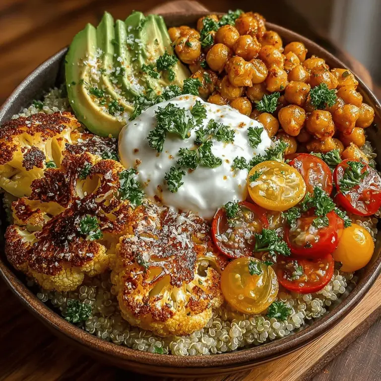 In the realm of nourishing and vibrant culinary creations, Savory Garlic Roasted Cauliflower & Chickpea Bowls stand out as a delightful powerhouse of flavor and nutrition. This dish seamlessly combines the earthy, nutty flavors of roasted cauliflower and chickpeas, creating a hearty base that can be customized with a variety of fresh ingredients. The versatility of this recipe makes it an appealing choice for anyone, whether you are a devoted vegetarian, a curious vegan, or simply someone looking to incorporate more plant-based meals into your diet.