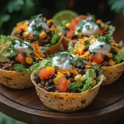 Crunchy Taco Salad Cups are a delightful fusion of flavors and textures, designed to excite your taste buds and elevate any dining experience. These portable, bite-sized treats are perfect for a variety of occasions—from casual family dinners to lively parties and gatherings. Imagine a crunchy tortilla cup brimming with savory ground beef or turkey, vibrant fresh vegetables, and an array of toppings that create a perfect balance of tastes. The combination of the crispy shell and the fresh, zesty filling makes each bite a pleasurable experience.