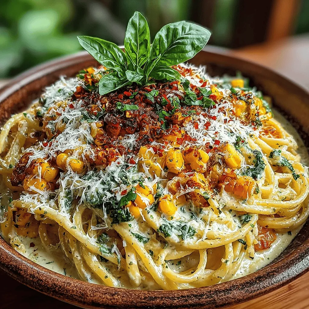Creamy pasta dishes have a special way of transforming ordinary meals into indulgent dining experiences. The luxurious texture of a rich sauce combined with the comforting familiarity of pasta creates a satisfying dish that appeals to both the palate and the soul. Among the myriad of pasta recipes, <strong>Creamy Corn & Pesto Pasta</strong> stands out as a delightful option, featuring a unique blend of sweet corn and fragrant basil pesto. This recipe not only highlights the vibrant flavors of its ingredients but also showcases the simplicity of preparation, making it an excellent choice for both casual weeknight dinners and special occasions.” /></p>
</p>
<h2>Incorporating Pesto for Flavor</h2>
</p>
<p>The heart of this creamy corn and pesto pasta lies in the vibrant basil pesto. This sauce not only adds a burst of flavor but also brings a beautiful green hue that enhances the dish’s appeal. Basil pesto, made from fresh basil leaves, garlic, pine nuts, Parmesan cheese, and olive oil, provides a rich and aromatic flavor profile that pairs exceptionally well with the sweetness of corn and the creaminess of the sauce.</p>
</p>
<h3>Choosing Between Homemade and Store-Bought Pesto</h3>
</p>
<p>When it comes to pesto, you have the option of using store-bought or making your own. Store-bought pesto can be a convenient choice, especially busy weeknights, but making your own allows you to customize the flavors to your liking. Here’s a quick guide on how to whip up a simple homemade basil pesto:</p>
</p>
<p><strong>Ingredients for Homemade Basil Pesto:</strong></p>
<p>– 2 cups fresh basil leaves</p>
<p>– 1/2 cup extra virgin olive oil</p>
<p>– 1/3 cup pine nuts (or walnuts for an alternative flavor)</p>
<p>– 2 cloves garlic</p>
<p>– 1/2 cup grated Parmesan cheese</p>
<p>– Salt and pepper to taste</p>
</p>
<p><strong>Instructions:</strong></p>
<p>1. Combine the basil leaves, nuts, garlic, and a pinch of salt in a food processor.</p>
<p>2. Pulse until the mixture is finely chopped.</p>
<p>3. With the processor running, slowly drizzle in the olive oil until the pesto reaches your desired consistency.</p>
<p>4. Stir in the Parmesan cheese and season with additional salt and pepper to taste.</p>
</p>
<p>Making pesto at home can be a fun and rewarding experience. Feel free to experiment with different herbs such as arugula or spinach, or use other nuts like cashews or almonds to create a unique twist on this classic sauce.</p>
</p>
<h2>Tossing the Pasta</h2>
</p>
<p>Now that you’ve prepared your creamy sauce and pesto, it’s time to bring everything together. Once your pasta is cooked to al dente, drain it and reserve a cup of the pasta cooking water. This step can be crucial for achieving the perfect sauce consistency.</p>
</p>
<h3>Combining the Ingredients</h3>
</p>
<p>1. In a large skillet over medium heat, add the cooked corn and the creamy sauce, stirring until heated through.</p>
<p>2. Gradually add the cooked pasta to the skillet, tossing to combine with the sauce and corn. This is where thorough mixing becomes essential—ensure every strand of pasta is coated in the creamy goodness.</p>
<p>3. Stir in the basil pesto, mixing well to achieve an even distribution of flavor. If the sauce appears too thick, gradually add the reserved pasta water, one tablespoon at a time, until you reach your desired consistency.</p>
</p>
<h3>Adding Parmesan Cheese</h3>
</p>
<p>For an extra layer of flavor, incorporate freshly grated Parmesan cheese into the mix. The key is to add it just after mixing in the pesto, allowing it to melt smoothly into the dish. Stir continuously to help the cheese blend in seamlessly. If you prefer a cheesier flavor, feel free to add more cheese according to your taste preferences.</p>
</p>
<h3>Adjusting Seasoning</h3>
</p>
<p>Taste your pasta dish and make any necessary seasoning adjustments. A pinch of salt, a dash of freshly cracked black pepper, or a squeeze of lemon juice can elevate the flavors even further. Remember, this dish is versatile, so feel free to tailor it to your palate.</p>
</p>
<h2>Garnishing and Serving</h2>
</p>
<p>Now that your creamy corn and pesto pasta is beautifully mixed, it’s time to focus on presentation. A well-garnished dish not only enhances visual appeal but also adds freshness and flavor.</p>
</p>
<h3>Finishing Touches</h3>
</p>
<p>To garnish, consider adding a handful of fresh basil leaves on top. The bright green color contrasts beautifully with the creamy sauce, creating an inviting presentation. You can also sprinkle additional grated Parmesan cheese for a touch of elegance.</p>
</p>
<h3>Serving Suggestions</h3>
</p>
<p>This creamy corn and pesto pasta can be served as a main course or a delightful side dish. For a complete meal, pair it with a refreshing side salad, such as a simple arugula salad with lemon vinaigrette. If you’re enjoying it for dinner, a glass of white wine, like Sauvignon Blanc or Pinot Grigio, can complement the flavors beautifully.</p>
</p>
<p>Incorporating colorful roasted vegetables, such as cherry tomatoes or bell peppers, alongside the pasta can enhance both the visual and nutritional aspects of your meal, making it even more enticing.</p>
</p>
<h2>Nutritional Information</h2>
</p>
<p>Understanding the nutritional value of your meals is essential, especially when you’re preparing a dish you want to enjoy guilt-free. Here’s a general breakdown of the nutritional aspects of creamy corn and pesto pasta, focusing on its balance of carbohydrates, fats, and proteins.</p>
</p>
<h3>Nutritional Breakdown</h3>
</p>
<p>A typical serving (1 cup) of creamy corn and pesto pasta contains approximately:</p>
<p>– Calories: 400-500</p>
<p>– Carbohydrates: 50-60g</p>
<p>– Protein: 12-15g</p>
<p>– Fat: 20-25g</p>
</p>
<h3>Health Benefits of Key Ingredients</h3>
</p>
<p>– <strong>Corn</strong>: This versatile vegetable is rich in fiber, vitamins (like B vitamins), and antioxidants. Its natural sweetness makes it a fantastic addition to savory dishes, providing a satisfying texture and flavor.</p>
<p>– <strong>Basil</strong>: Known for its anti-inflammatory properties, basil is also high in antioxidants. It can help improve digestion and has essential oils that offer various health benefits.</p>
<p>– <strong>Olive Oil</strong>: A key component of the Mediterranean diet, olive oil is known for its heart-healthy fats. It is packed with antioxidants and has anti-inflammatory properties, making it an excellent choice for cooking.</p>
</p>
<p>This dish can fit into various dietary preferences, including vegetarian diets, and can be easily adapted to be vegan by substituting the cream and cheese with plant-based alternatives.</p>
</p>
<h2>Conclusion</h2>
</p>
<p>Creamy corn and pesto pasta is a delightful dish that combines simplicity, flavor, and versatility. With just a few key ingredients, you can create a comforting meal that appeals to both the eyes and the palate. Whether you’re making it for a casual weeknight dinner or a special occasion, this pasta dish is sure to impress.</p>
</p>
<p>Encouraging experimentation is part of the joy of cooking—feel free to add your favorite vegetables, adjust the creaminess, or even switch up the herbs in your pesto. The satisfaction of creating a delicious meal that can be enjoyed by everyone is truly rewarding. So gather your ingredients, whip up this creamy corn and pesto pasta, and enjoy a delightful culinary experience that celebrates the best flavors of the season!</p>
</div>