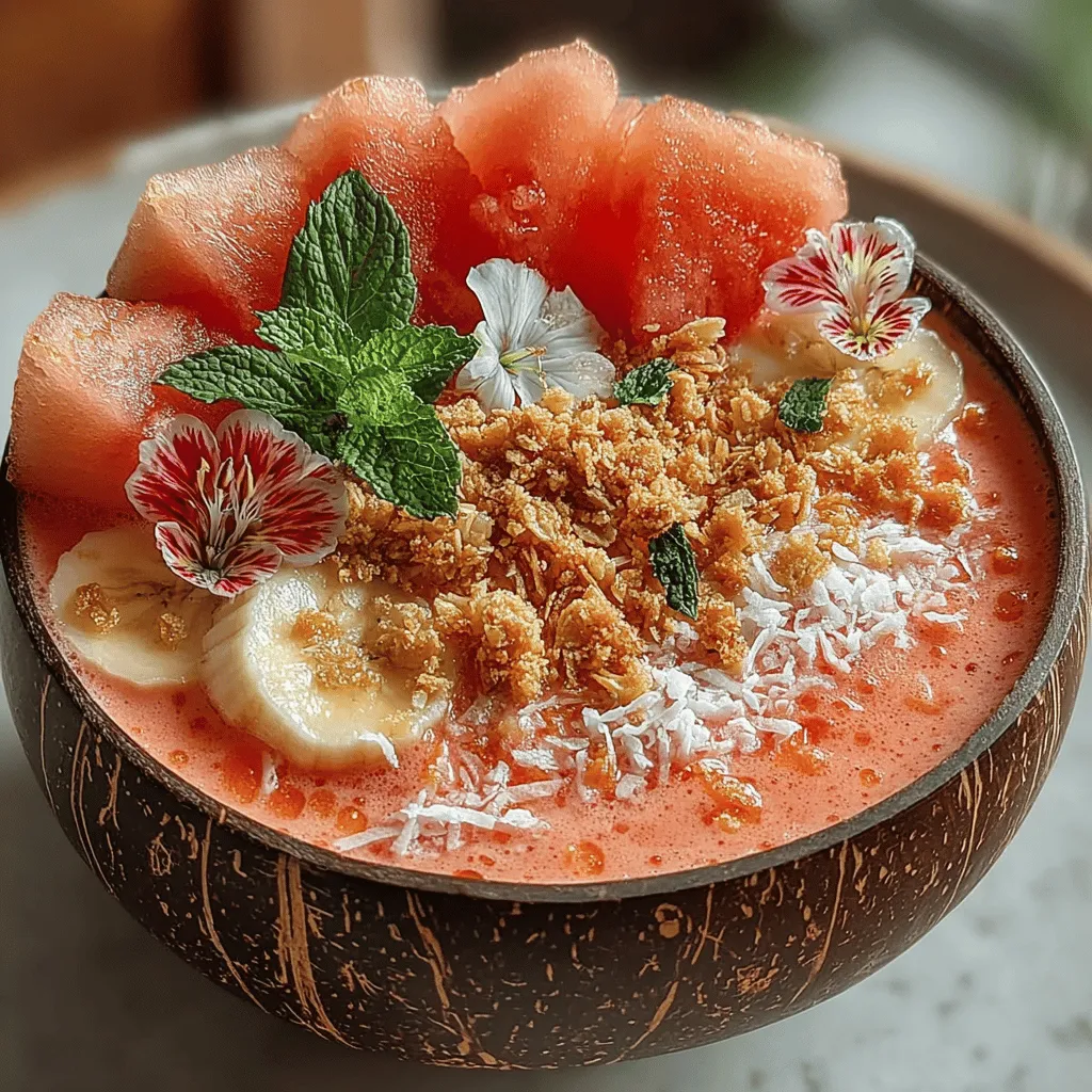 To create the perfect Watermelon Bliss Smoothie Bowl, selecting the right ingredients is crucial. Start with choosing a ripe watermelon, which should feel heavy for its size and have a uniform shape without any dents or soft spots. When you press your thumb against the rind, it should yield slightly. Look for a deep green color and a creamy yellow spot on one side, indicating it was harvested at the right time.