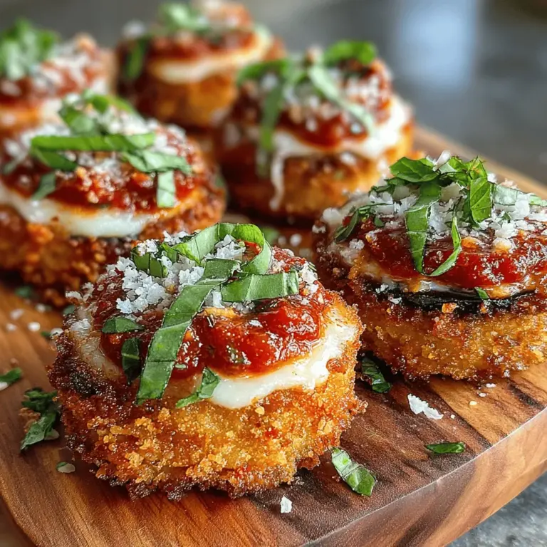 Mini Eggplant Parmesan Bites are a delightful twist on the classic Italian comfort food, offering the rich flavors of traditional Eggplant Parmesan in a convenient, bite-sized format. These savory morsels are not only appealing to the eye but also incredibly versatile, making them an ideal appetizer for any occasion—be it a casual gathering, festive celebration, or simply a cozy night in. The beauty of this recipe lies in its ability to cater to a variety of palates while delivering a satisfying bite that captures the essence of Mediterranean cuisine.