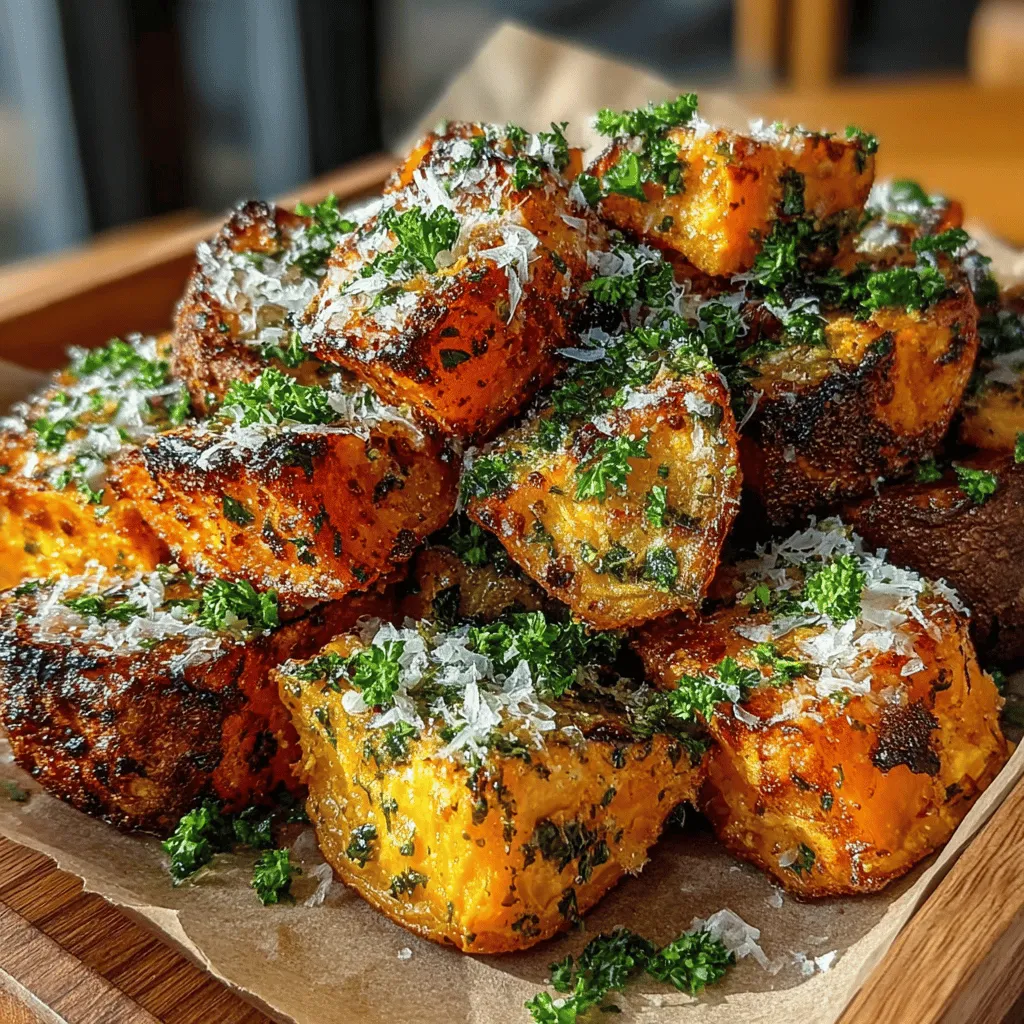 - 2 large sweet potatoes - 3 tablespoons olive oil - 1 teaspoon garlic powder - 1 teaspoon smoked paprika - ½ teaspoon salt - ¼ teaspoon black pepper - ½ cup grated Parmesan cheese - 2 tablespoons fresh parsley, chopped (for garnish) - Optional: ¼ teaspoon cayenne pepper (for added heat)