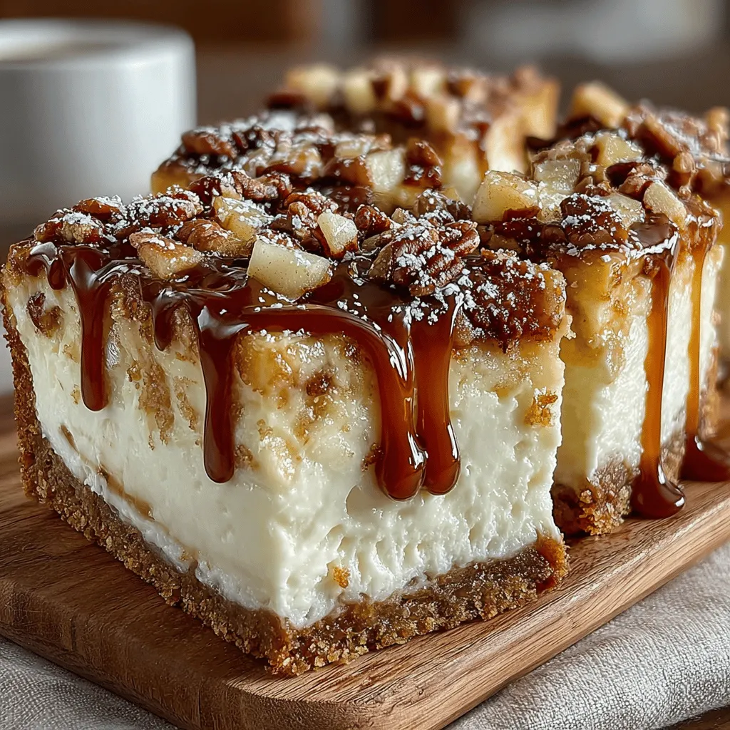 - 1 ½ cups graham cracker crumbs - ½ cup unsalted butter, melted - 2 cups cream cheese, softened - 1 cup sour cream - 1 cup granulated sugar - 3 large eggs - 1 teaspoon vanilla extract - 3 medium Granny Smith apples, peeled and diced - 1 tablespoon lemon juice - ½ cup brown sugar - 1 teaspoon ground cinnamon - 1 cup caramel sauce (store-bought or homemade) - Optional: ½ cup chopped pecans for topping
