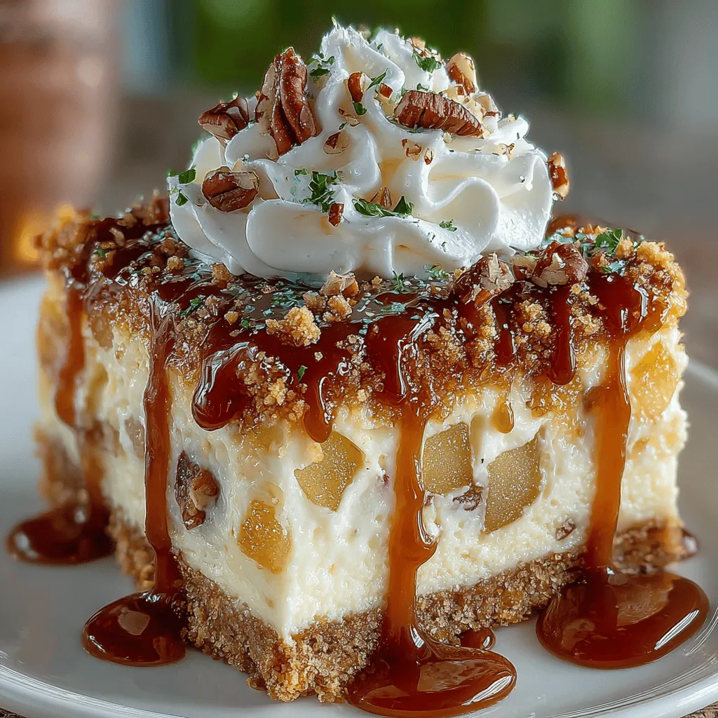 - 1 ½ cups graham cracker crumbs - ½ cup unsalted butter, melted - 2 tablespoons granulated sugar - 16 ounces cream cheese, softened - 1 cup granulated sugar (for filling) - 1 teaspoon vanilla extract - 3 large eggs - ½ cup sour cream - 1 tablespoon lemon juice - 3 cups apples, peeled, cored, and diced (preferably Granny Smith or Honeycrisp) - ½ cup brown sugar (for apple topping) - 1 teaspoon ground cinnamon - ½ cup caramel sauce (for drizzling) - Whipped cream (for serving) - Chopped nuts (optional, for garnish)