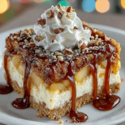 - 1 ½ cups graham cracker crumbs - ½ cup unsalted butter, melted - 2 tablespoons granulated sugar - 16 ounces cream cheese, softened - 1 cup granulated sugar (for filling) - 1 teaspoon vanilla extract - 3 large eggs - ½ cup sour cream - 1 tablespoon lemon juice - 3 cups apples, peeled, cored, and diced (preferably Granny Smith or Honeycrisp) - ½ cup brown sugar (for apple topping) - 1 teaspoon ground cinnamon - ½ cup caramel sauce (for drizzling) - Whipped cream (for serving) - Chopped nuts (optional, for garnish)