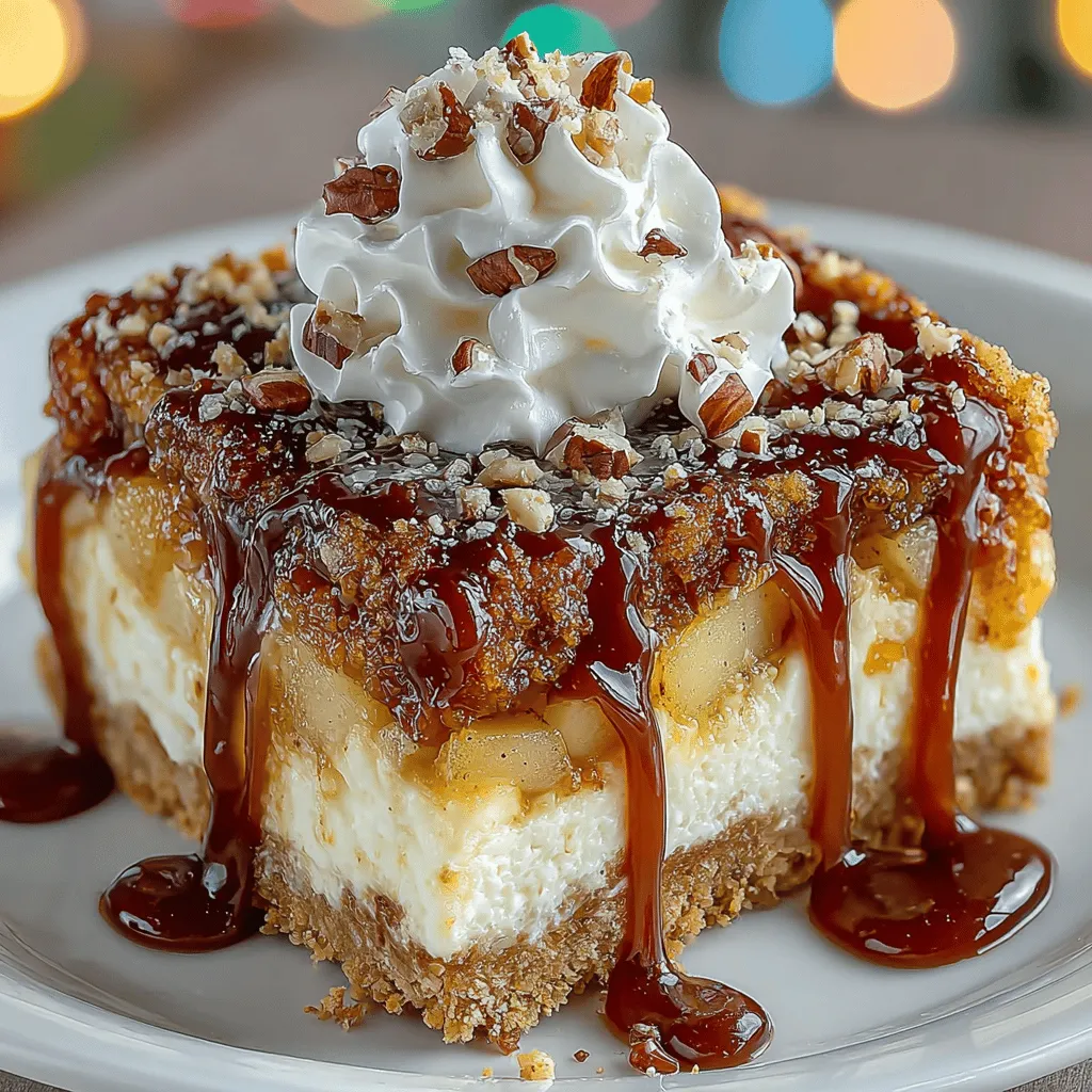- 1 ½ cups graham cracker crumbs - ½ cup unsalted butter, melted - 2 tablespoons granulated sugar - 16 ounces cream cheese, softened - 1 cup granulated sugar (for filling) - 1 teaspoon vanilla extract - 3 large eggs - ½ cup sour cream - 1 tablespoon lemon juice - 3 cups apples, peeled, cored, and diced (preferably Granny Smith or Honeycrisp) - ½ cup brown sugar (for apple topping) - 1 teaspoon ground cinnamon - ½ cup caramel sauce (for drizzling) - Whipped cream (for serving) - Chopped nuts (optional, for garnish)