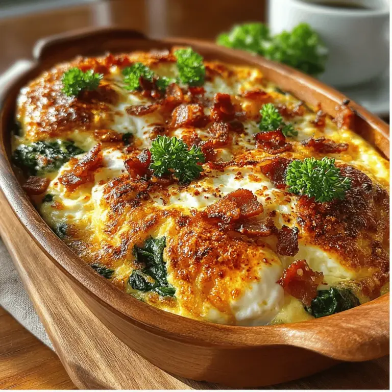 The Savory Bacon & Spinach Egg Bake is a delicious and hearty dish that seamlessly brings together the rich flavors of crispy bacon and fresh spinach, all enveloped in a fluffy, eggy base. This recipe is perfect for those who appreciate a satisfying meal that can be enjoyed at any time of day. Whether you’re looking to impress brunch guests or simply want a nutritious dinner option, this egg bake is both versatile and easy to prepare.
