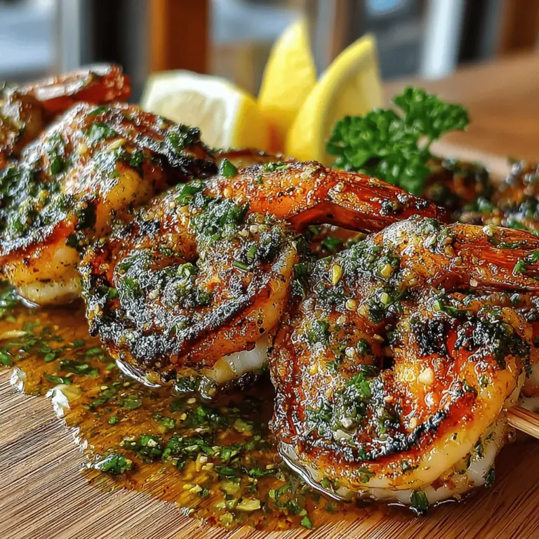 Garlic Butter Roasted Shrimp Skewers are a delectable seafood dish that effortlessly combines rich flavors with simple preparation. This dish appeals to both seafood lovers and casual diners alike, thanks to its robust taste and eye-catching presentation. The succulent shrimp, bathed in a savory garlic butter sauce, are threaded onto skewers for easy grilling or roasting, making them a versatile choice for any occasion. Whether you’re hosting a summer barbecue, planning a cozy family dinner, or looking to impress guests at an elegant gathering, these shrimp skewers are sure to be a hit.