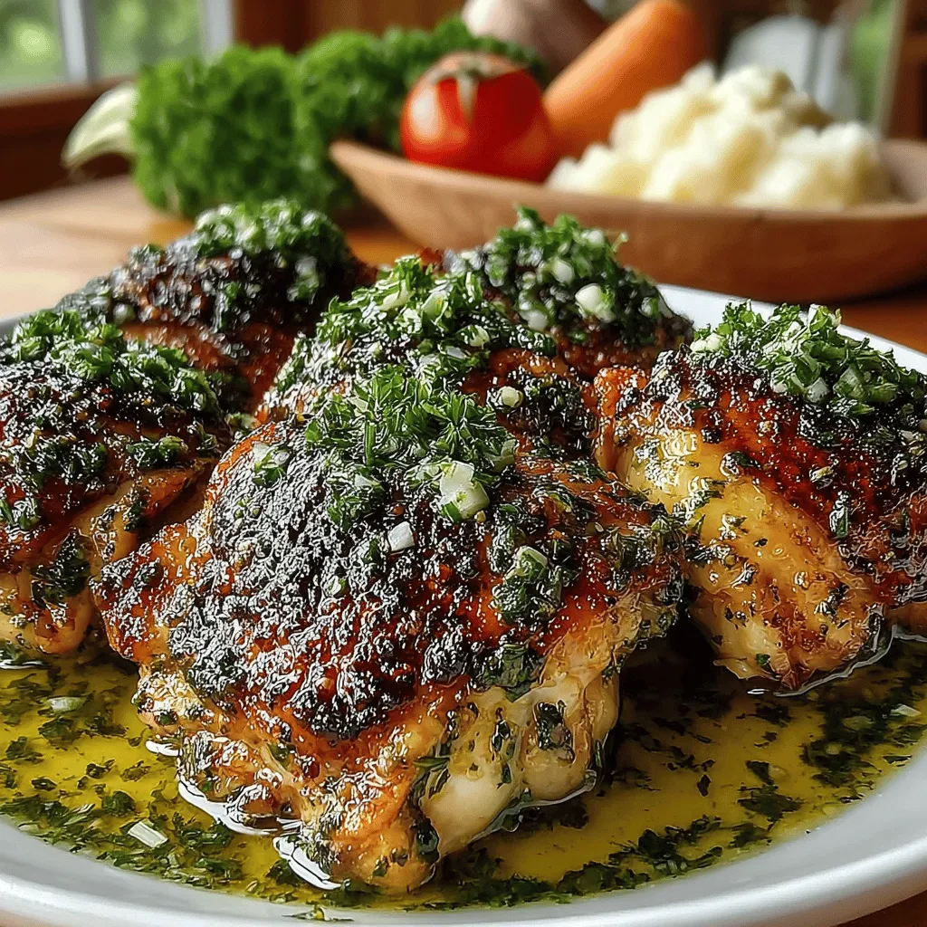 - 4 bone-in, skin-on chicken thighs - 1 head of garlic - 1/3 cup olive oil - 2 tablespoons fresh rosemary, chopped - 2 tablespoons fresh thyme, chopped - 1 tablespoon fresh parsley, chopped - Juice of 1 lemon - Salt and pepper to taste
