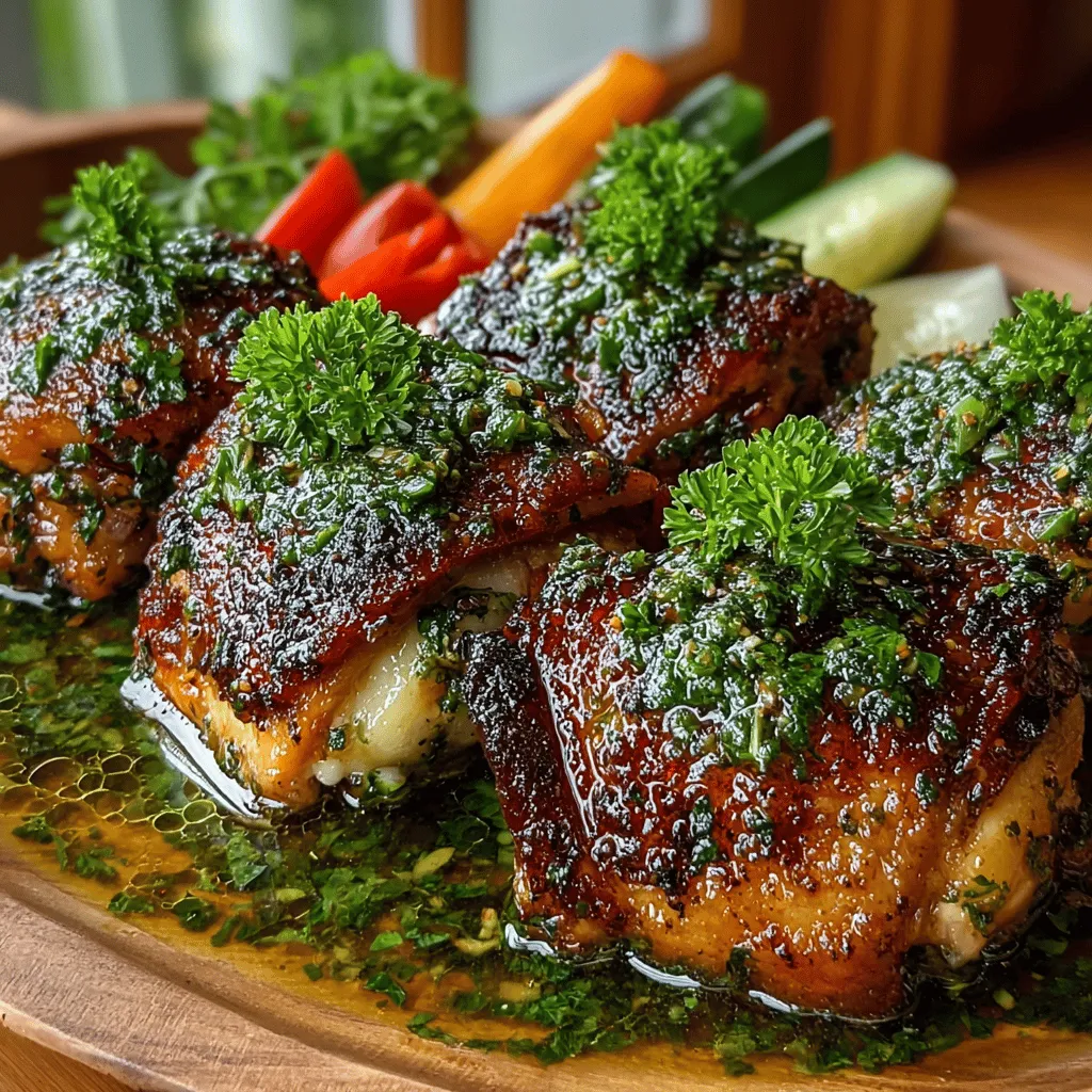 - 4 bone-in, skin-on chicken thighs - 1 head of garlic - 1/3 cup olive oil - 2 tablespoons fresh rosemary, chopped - 2 tablespoons fresh thyme, chopped - 1 tablespoon fresh parsley, chopped - Juice of 1 lemon - Salt and pepper to taste