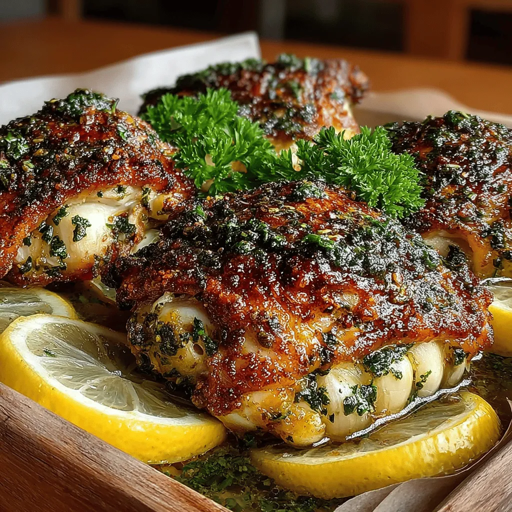 - 4 bone-in, skin-on chicken thighs - 6 cloves of garlic, minced - 2 tablespoons fresh oregano, chopped - 2 tablespoons fresh thyme, chopped - 1 teaspoon paprika - 1 teaspoon onion powder - 1 teaspoon salt - ½ teaspoon black pepper - 2 tablespoons olive oil - Juice of 1 lemon